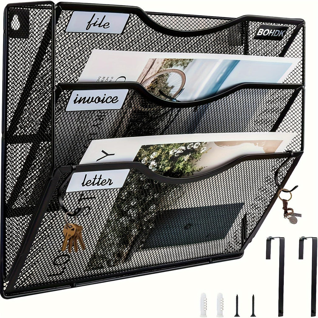 Bohdk Wall File Organizer, 3 Tire Hanging File Folder Mail Organizer, Vertical Mesh Metal Door/Wall Mount Hanging File Holder, P