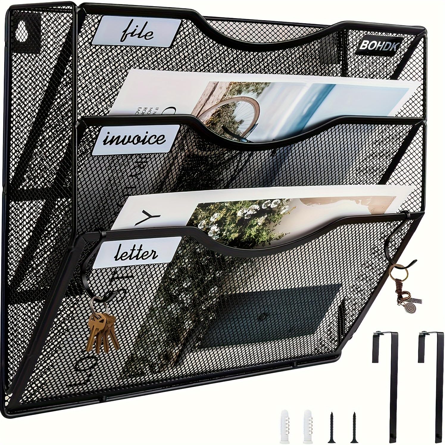 Bohdk Wall File Organizer, 3 Tire Hanging File Folder Mail Organizer, Vertical Mesh Metal Door/Wall Mount Hanging File Holder, P