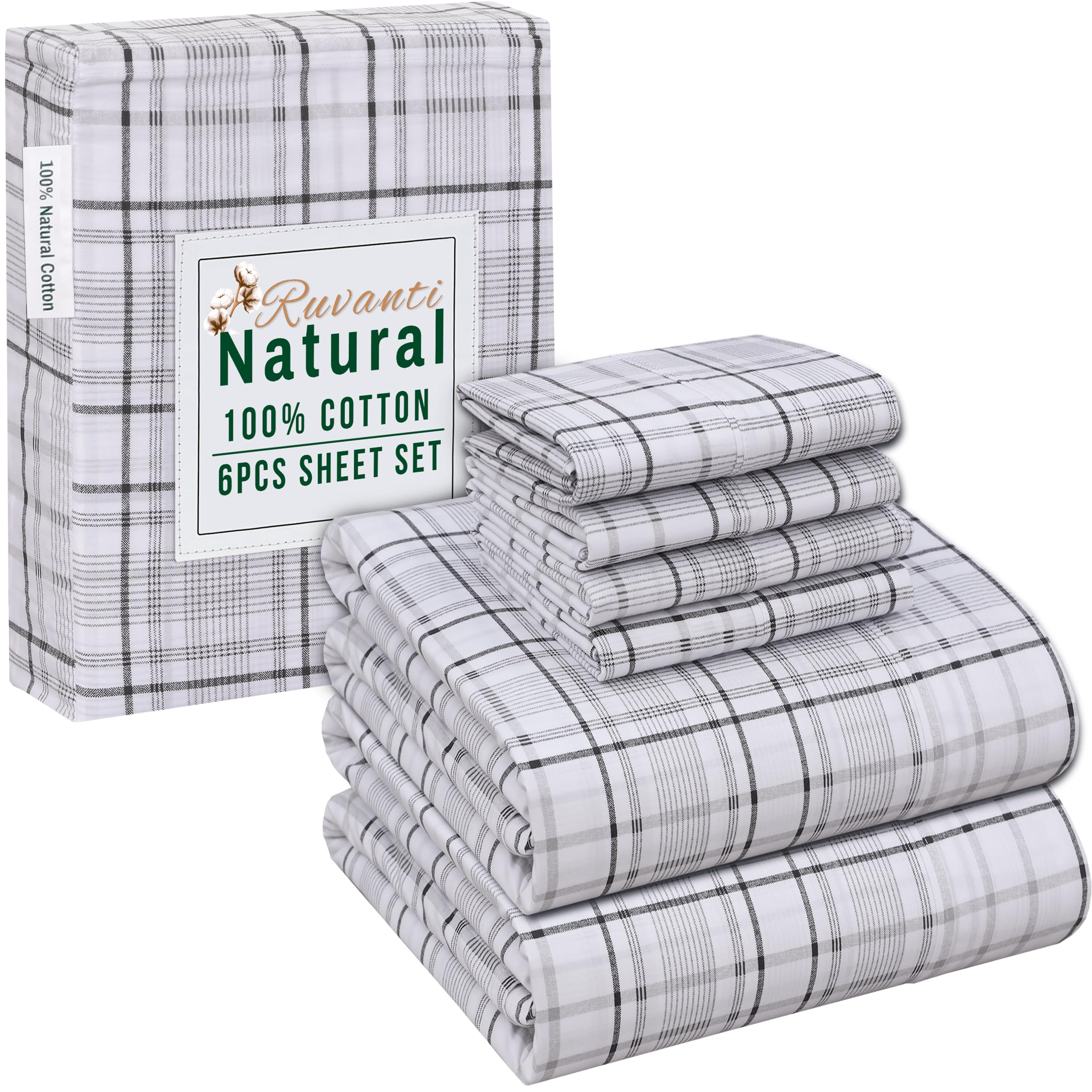 Ruvanti 6 Pcs Cotton Sheets - 100% Natural Cotton Soft, Lightweight & Breathable Crispy Percale King Size Bed Sheets Set, 16' D