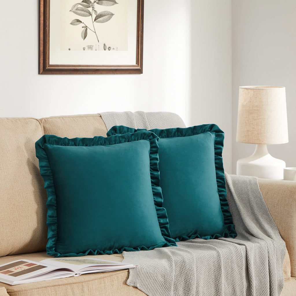 Gigizaza Teal 16X16 Luxury Pillow Covers, Set Of 2 Decorative Velvet Ruffle Cushion Pillow Covers For Sofa Couch