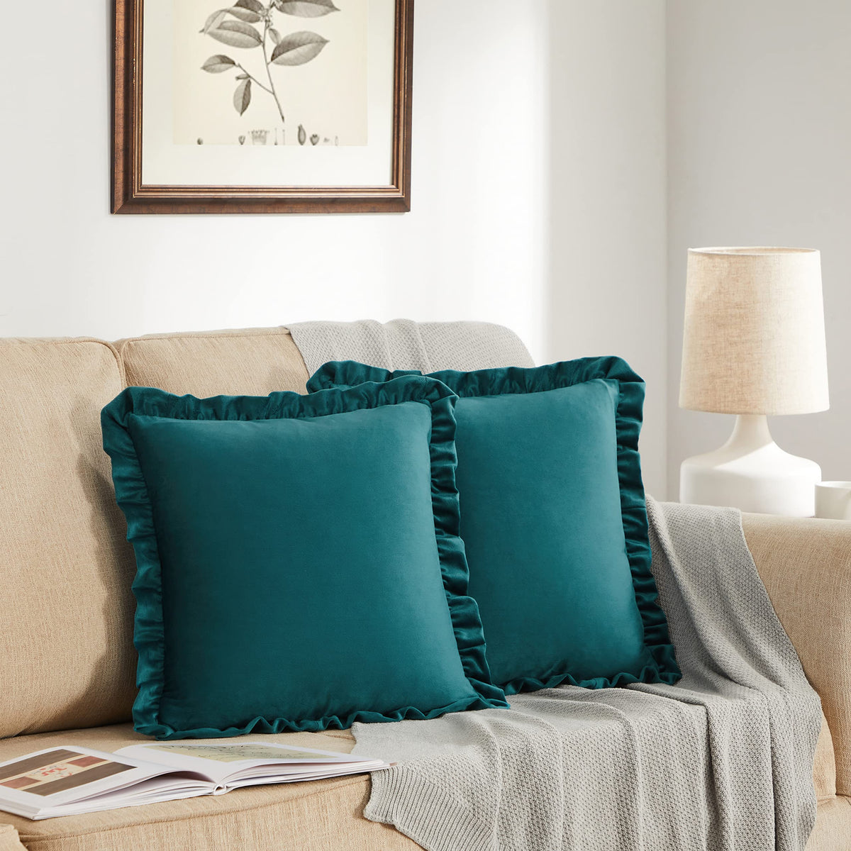Gigizaza Teal 16X16 Luxury Pillow Covers, Set Of 2 Decorative Velvet Ruffle Cushion Pillow Covers For Sofa Couch