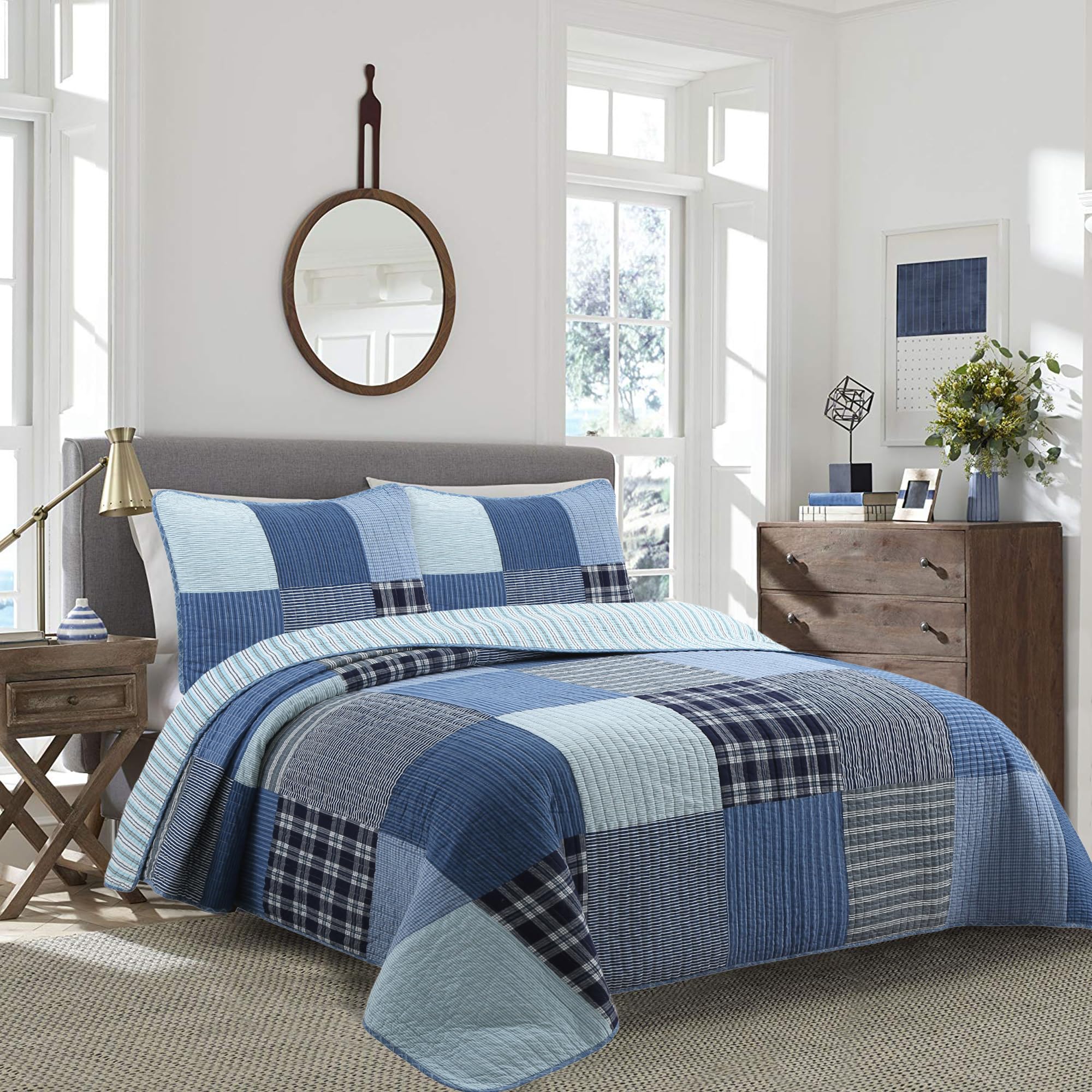 Cozy Line Home Fashions Navy Blue Plaid Patchwork Boy 100% Cotton Reversible Quilt Bedding Set, All-Season Coverlet Bedspread (D