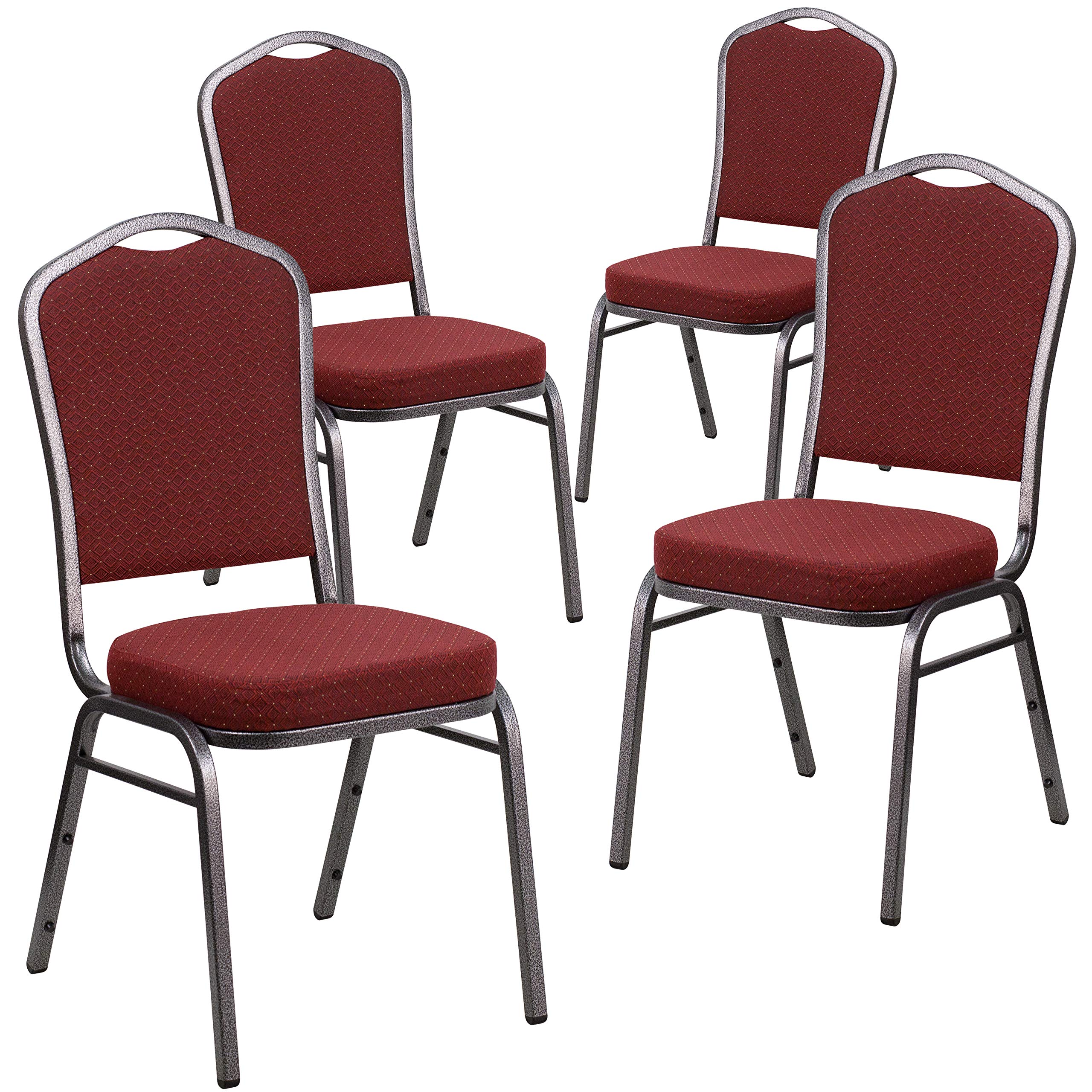 4 Pk. Stacking Chair with Burgundy Patterned Fabric - Silver Vein Frame
