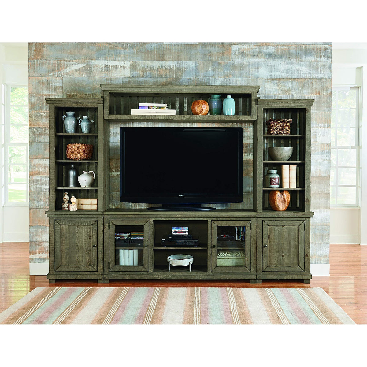 Progressive Furniture Willow Complete Entertainment Wall Unit, 118&quot; W X 16&quot; D X 90&quot; H, Grey