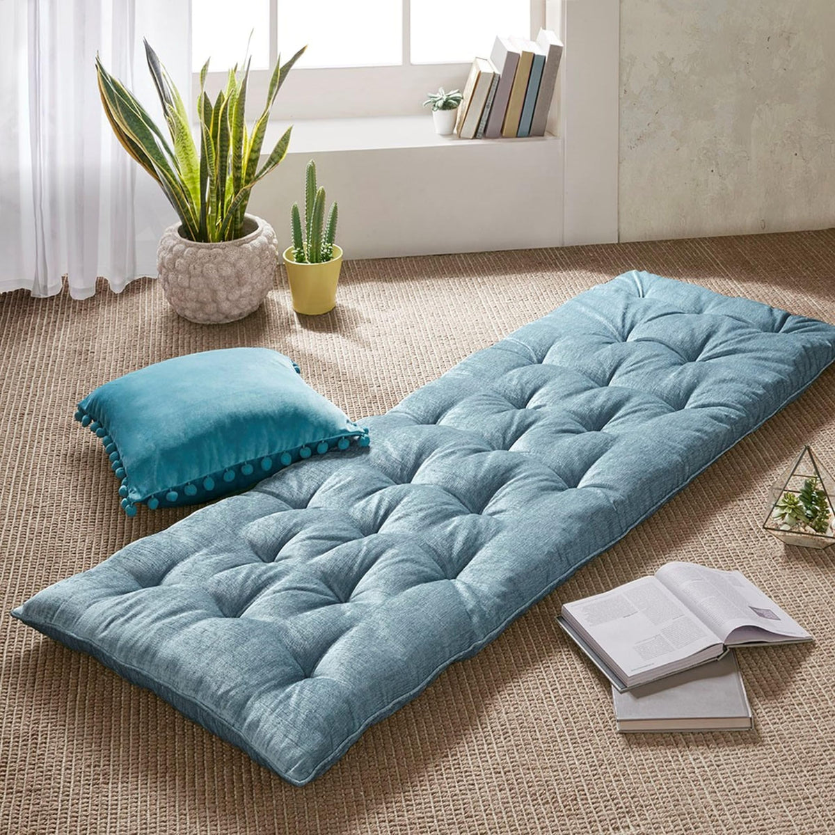 Intelligent Design Edelia Foldable Poly Chenille Light Weight Lounge Floor Pillow Cushion Tufted Seat For Meditation, Game Playing, Yoga, Reading With Travel Wrap, 27' W X 74' L, Aqua