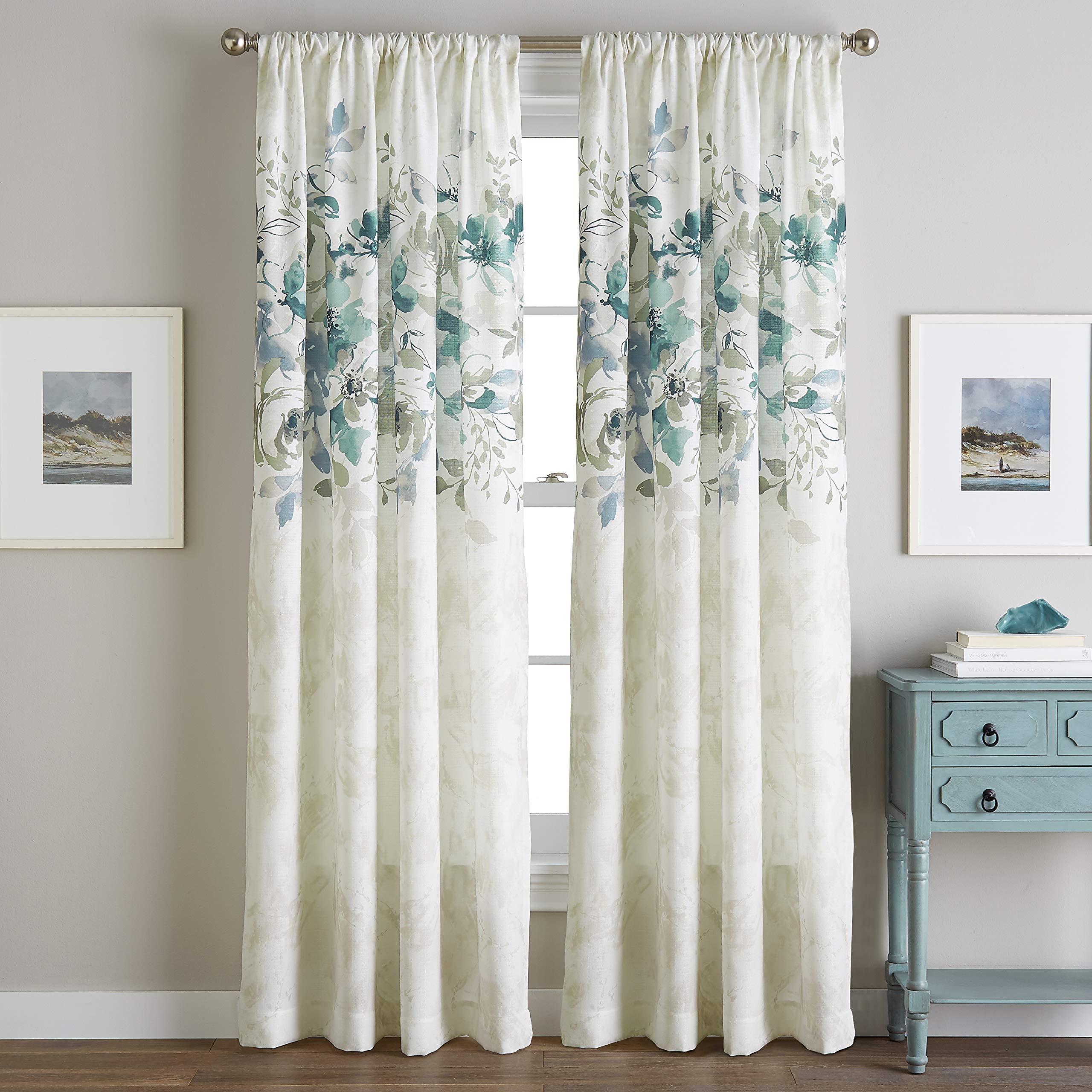 Chf Watercolor Floral Print Flip Over Rod Pocket Single Curtain Panel, 84 In, Aqua
