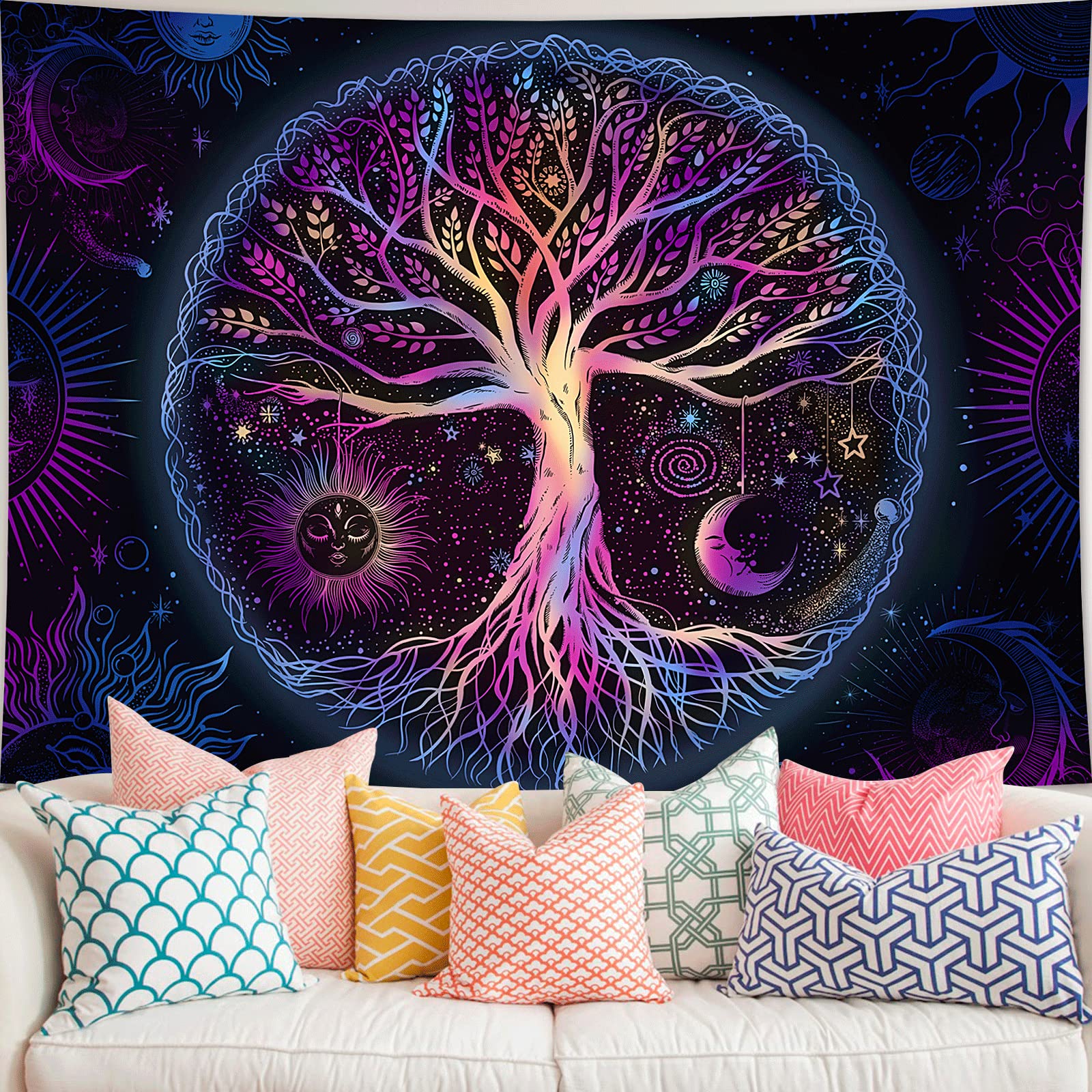 Forater Tree Of Life Tapestry Wall Hanging Colorful Life Tree Tapestries Aesthetic Sun And Moon Galaxy Wall Tapestry For Bedroom