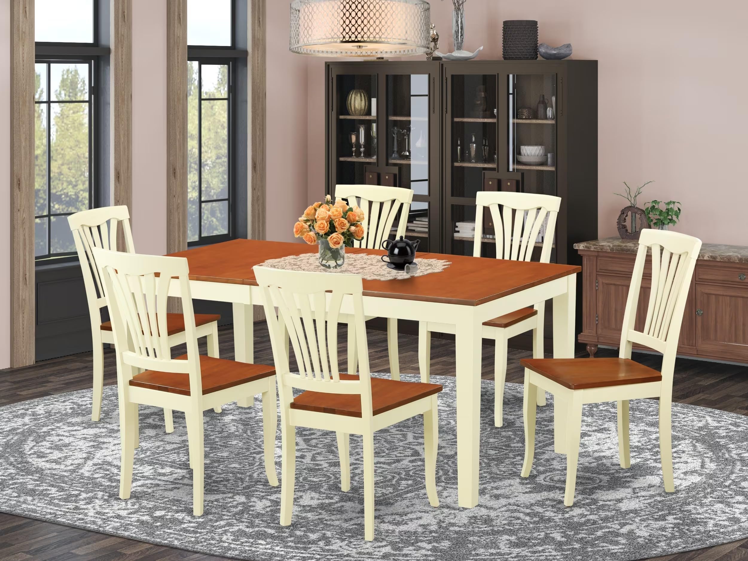 East West Furniture NIAV7-WHI-W 7 Piece Dining Room Table Set Consist of a Rectangle Wooden Table with Butterfly Leaf and 6 Kitchen Dining Chairs, 36x66 Inch, Buttermilk & Cherry