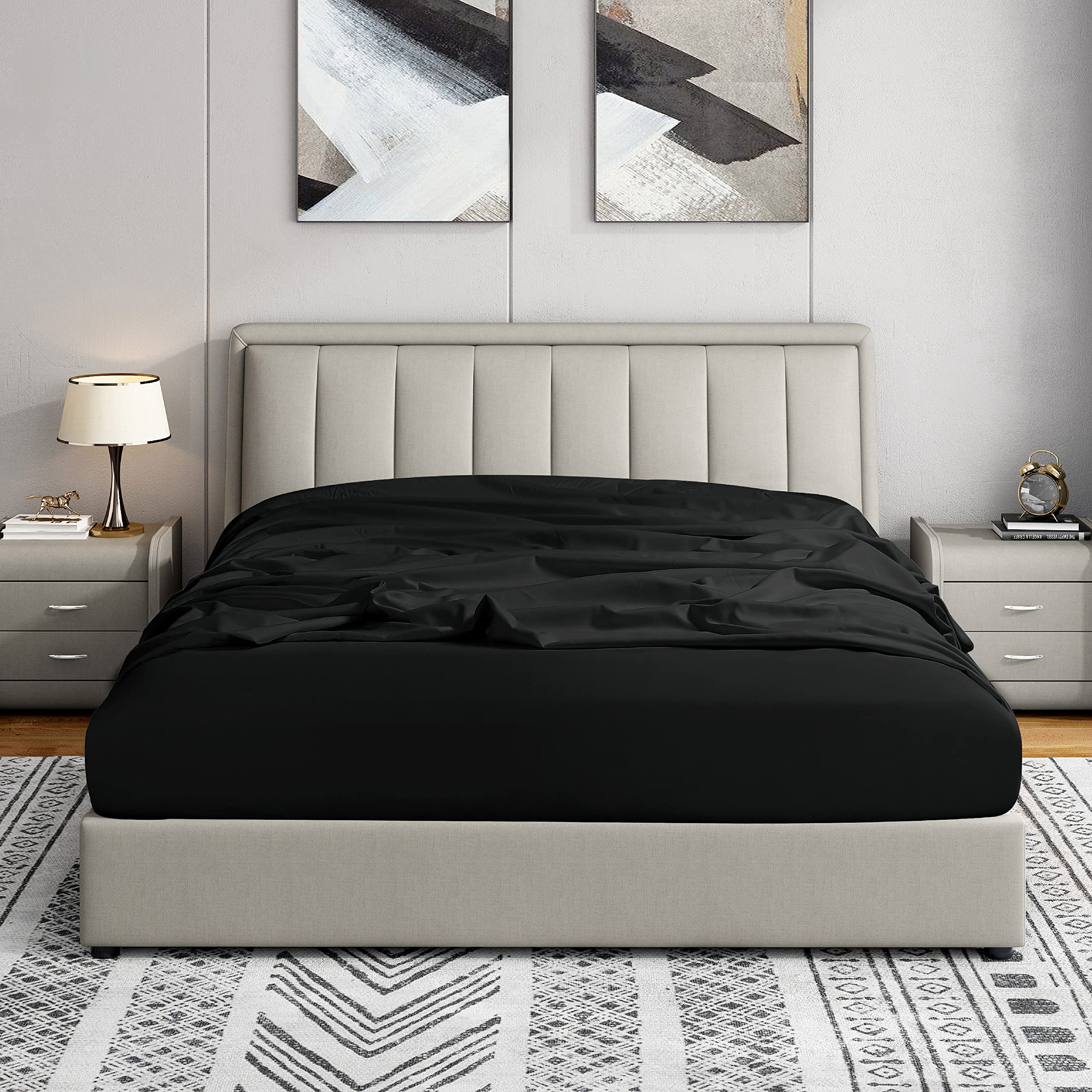 Cathay Home Full Fitted Sheet - Double Brushed Ultra Soft - Wrinkle & Fade Resistant - 21' Extra Deep Pocket Fitted Sheet Only - Good Fit For 19'-23' Deep Mattress (Full, Black)
