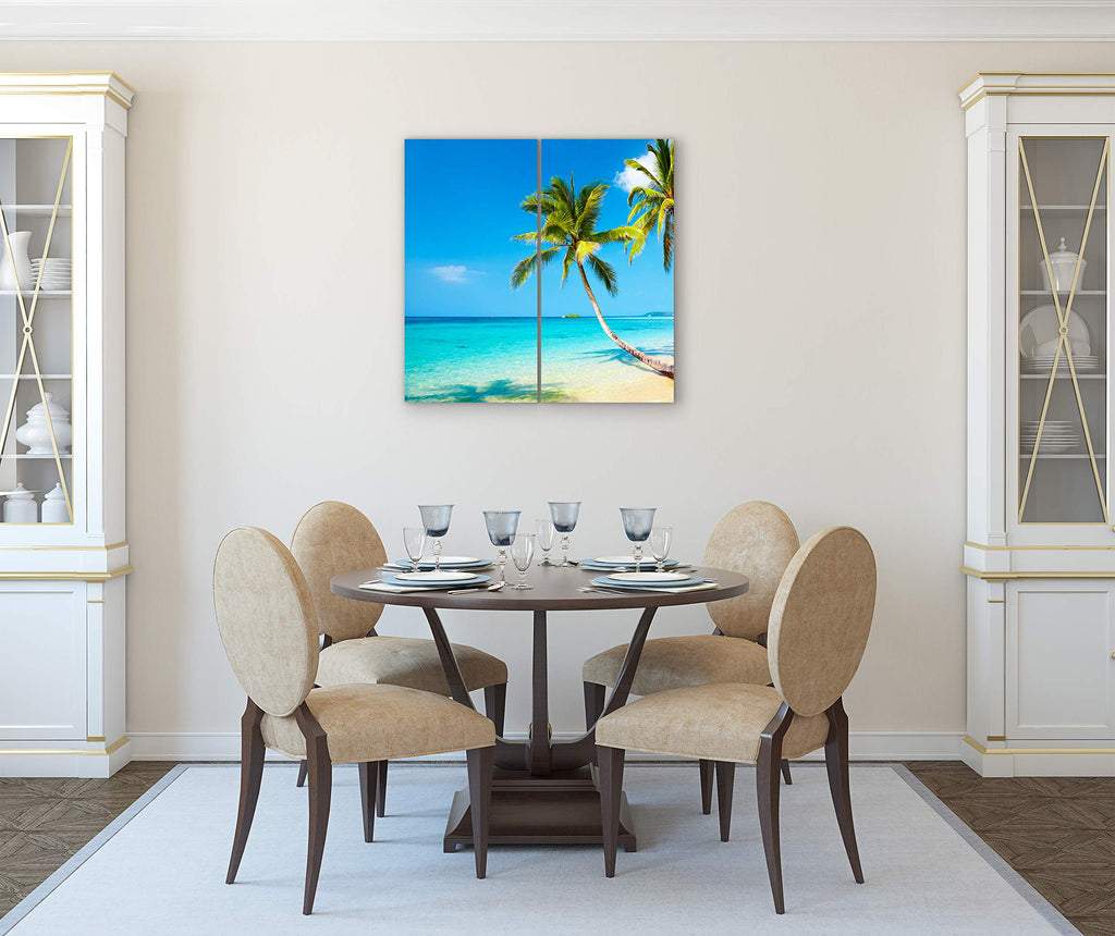 Beach Canvas Wall Art Decor - 2 Piece Set, Decorative Multi Panel Split Prints - Palm Tree Ocean Picture For Living Room, Kitche