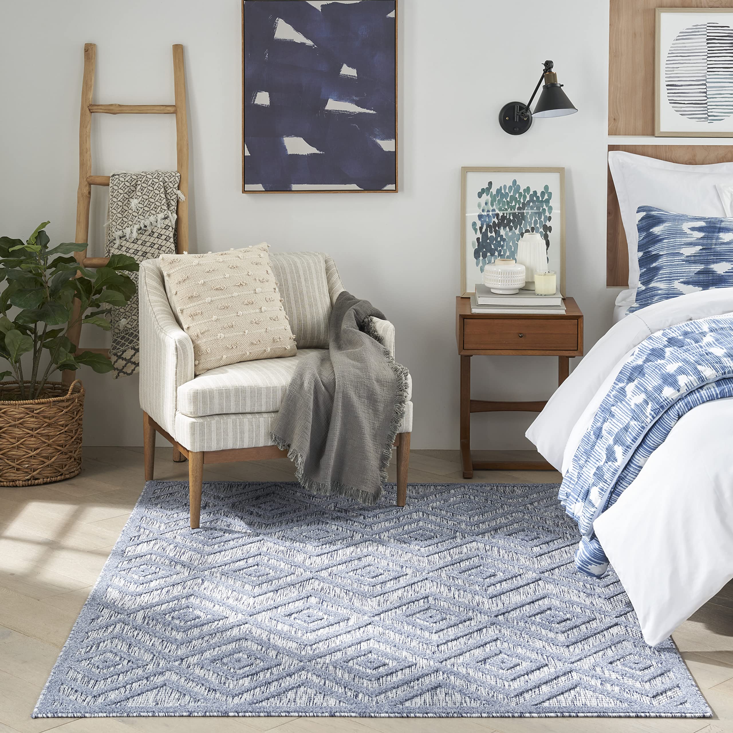Nourison Versatile Indoor/Outdoor Denim Blue 6' X 9' Area Rug, Easy Cleaning, Non Shedding, Bed Room, Living Room, Dining Room, Deck, Backyard, Patio, High Traffic Area (6X9)