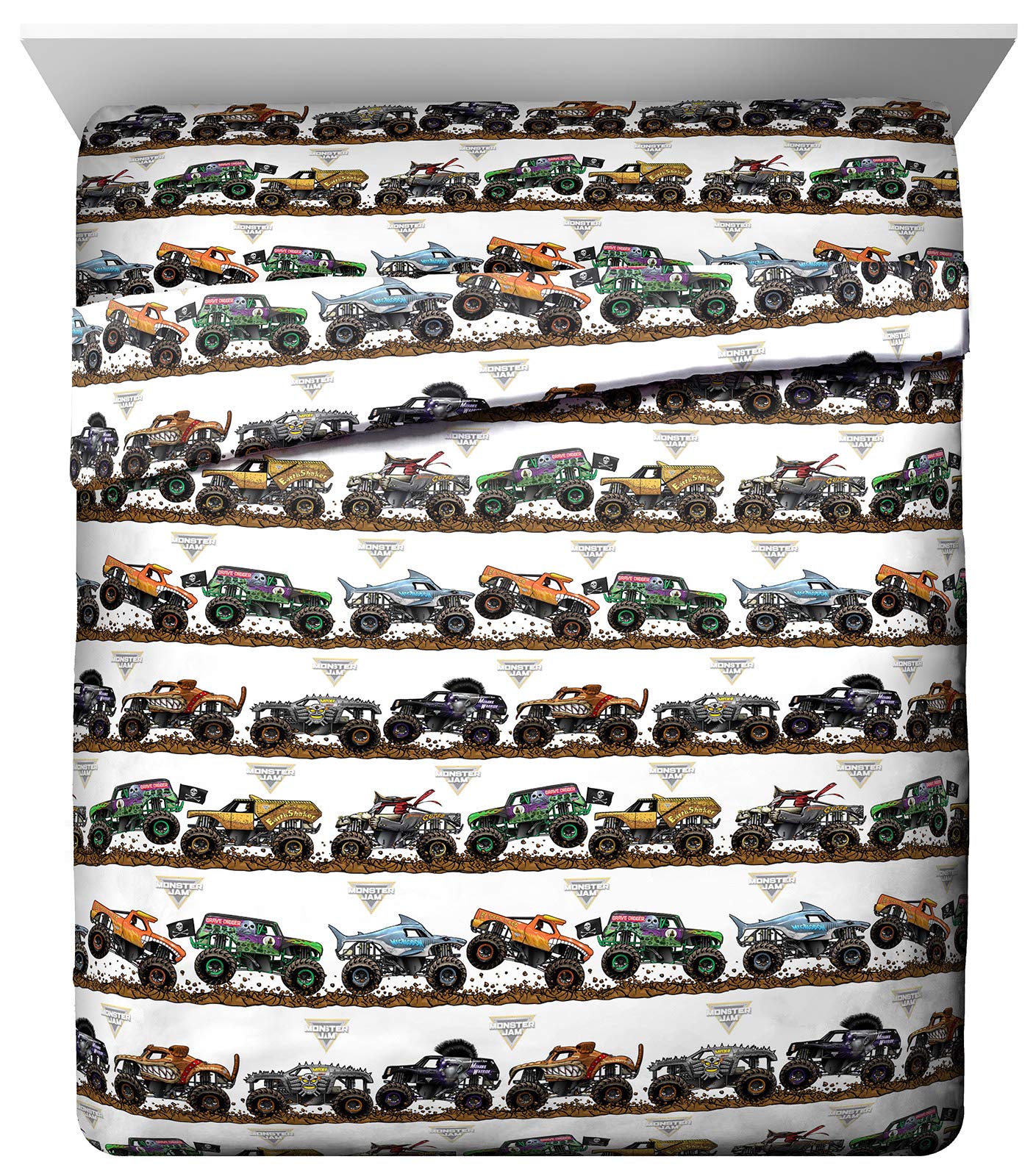 Jay Franco Monster Jam Tracks Queen Sheet Set - 4 Piece Set Super Soft And Cozy Kids Bedding Features Grave Digger & Megalodon -