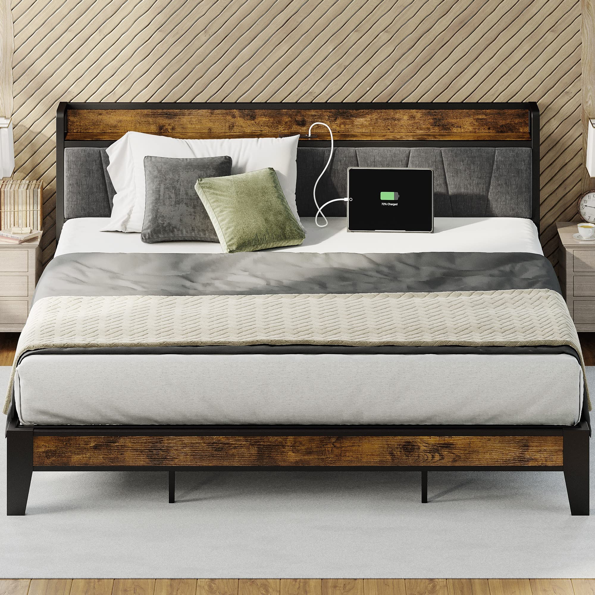 Likimio King Size Bed Frame, Storage Headboard With Charging Station, Solid And Stable, Noise Free, No Box Spring Needed, Easy Assembly
