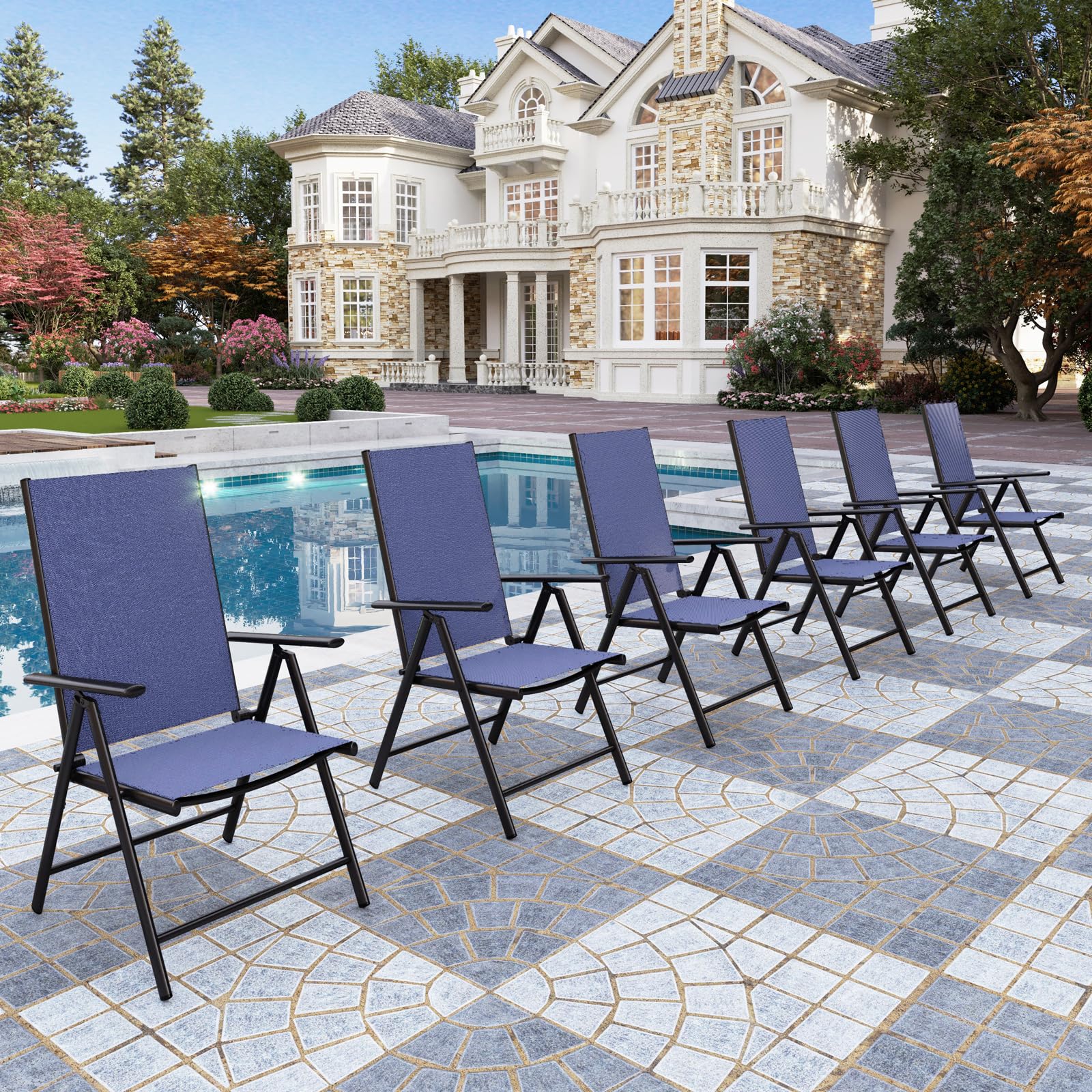 Phi Villa Outdoor Patio Folding Chairs Set Of 6, Portable Patio Dining Chairs With Adjustable Backrest For Outside, Garden, Lawn