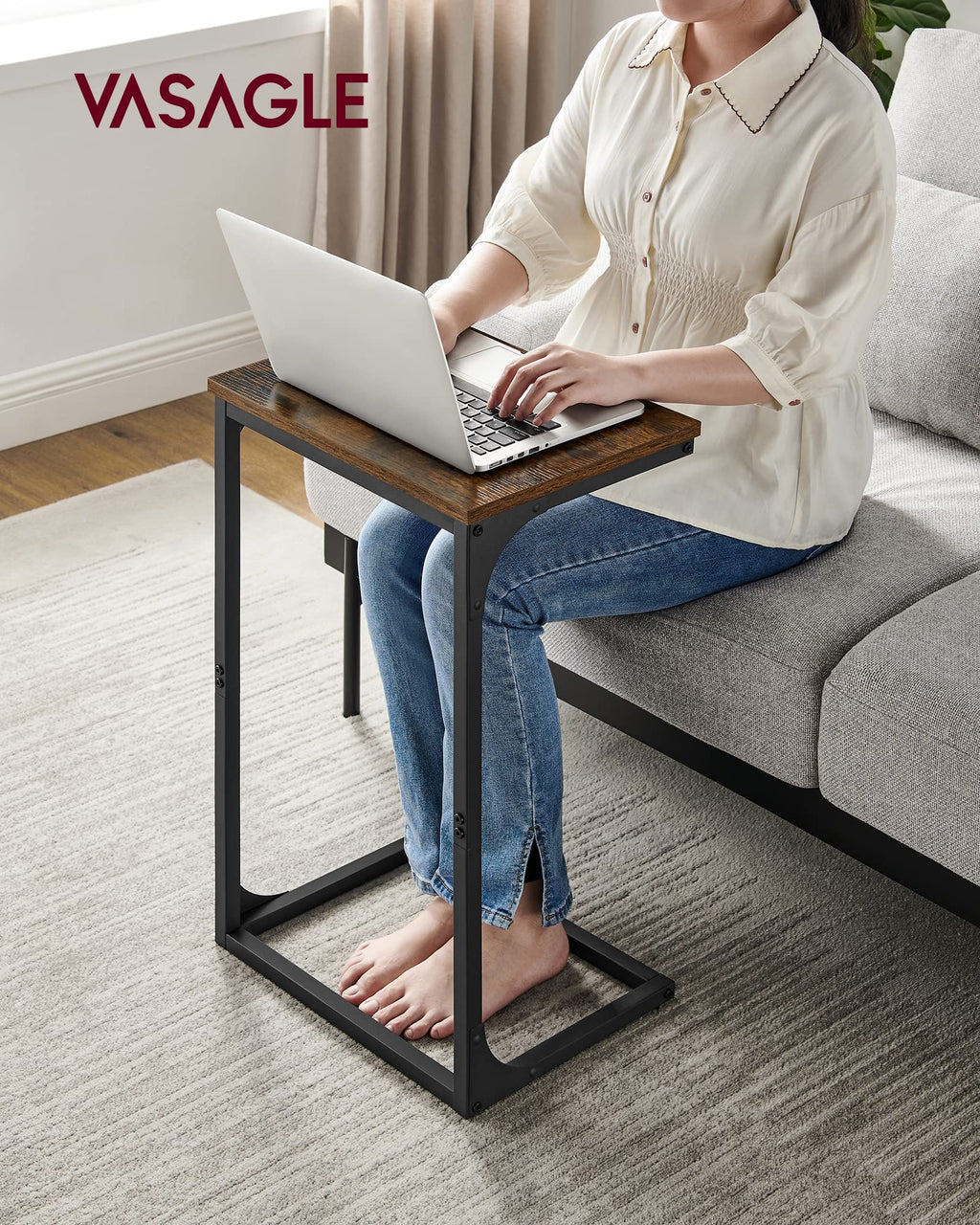 Vasagle C-Shaped End Table, Side Table For Sofa, Couch Table With Metal Frame, Small Tv Tray Table For Living Room, Bedroom, Rustic Brown And Black