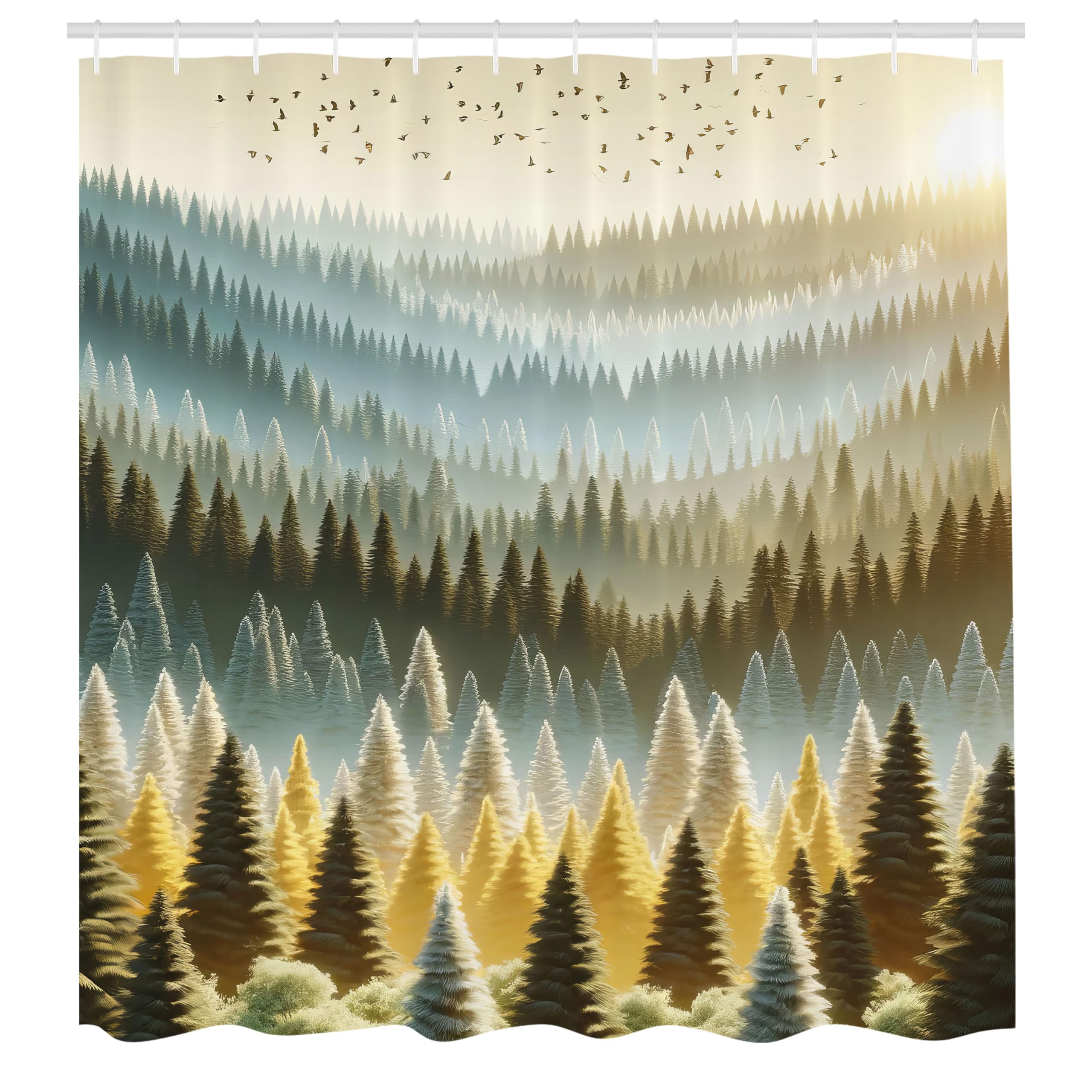 Ambesonne Yellow Shower Curtain, Fantasy Sunrise Scenario Of Forest Trees With Mountains And Birds, Cloth Fabric Bathroom Decor