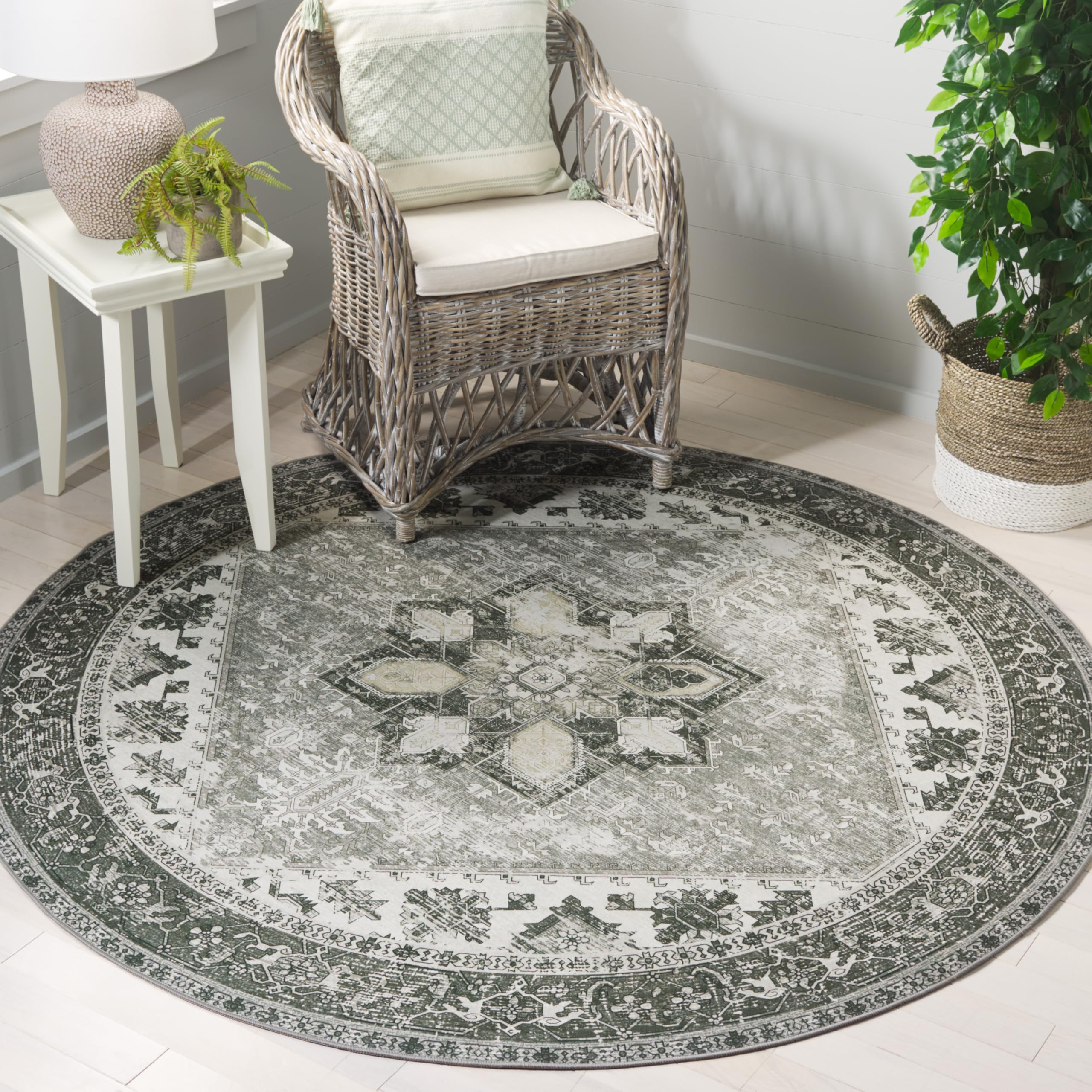 SAFAVIEH Tucson Collection Area Rug - 8 Round, Dark Sage/Ivory, Geometric Design, Machine Washable Indoor/Outdoor & Washable-Id