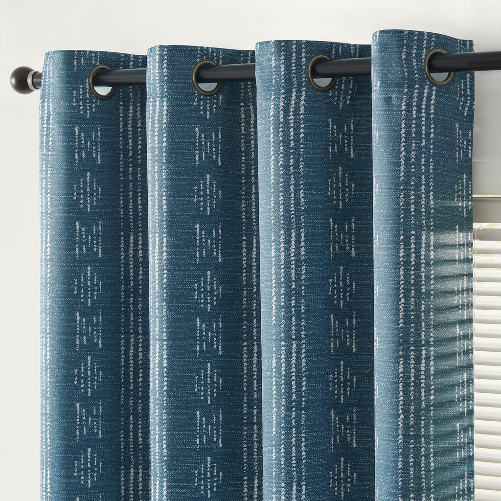 Jinchan 100% Blackout Boho Curtains 54 Inch Length For Bedroom White On Blue Geometric Printed Grommet Top Room Darkening Thermal Insulated Window Drapes 2 Panels