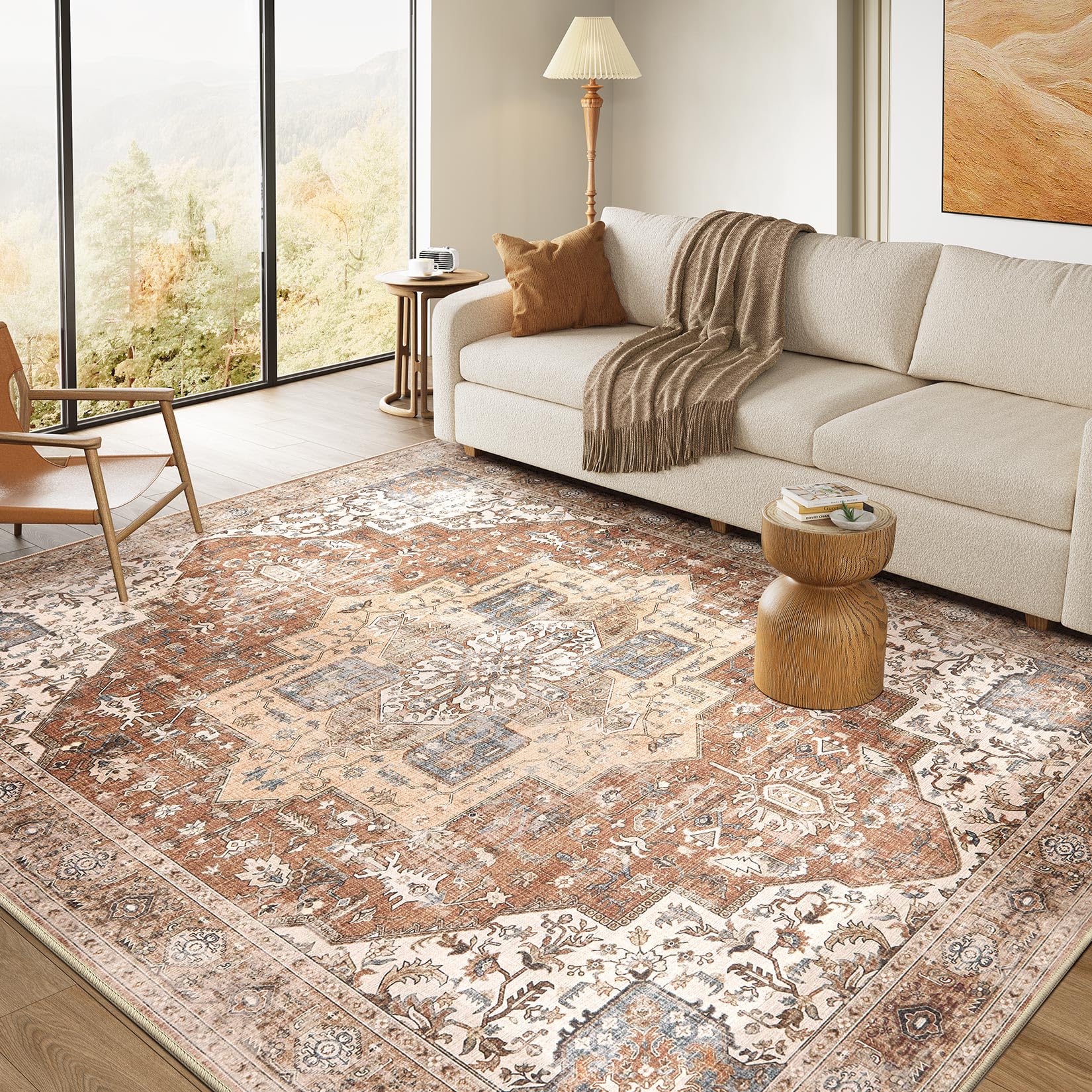 DTICON Washable Rug 9x12 Area Rugs: Boho Vintage Distressed Oriental Medallion Neutral Thin Large Rug Carpet for Living Room Bed