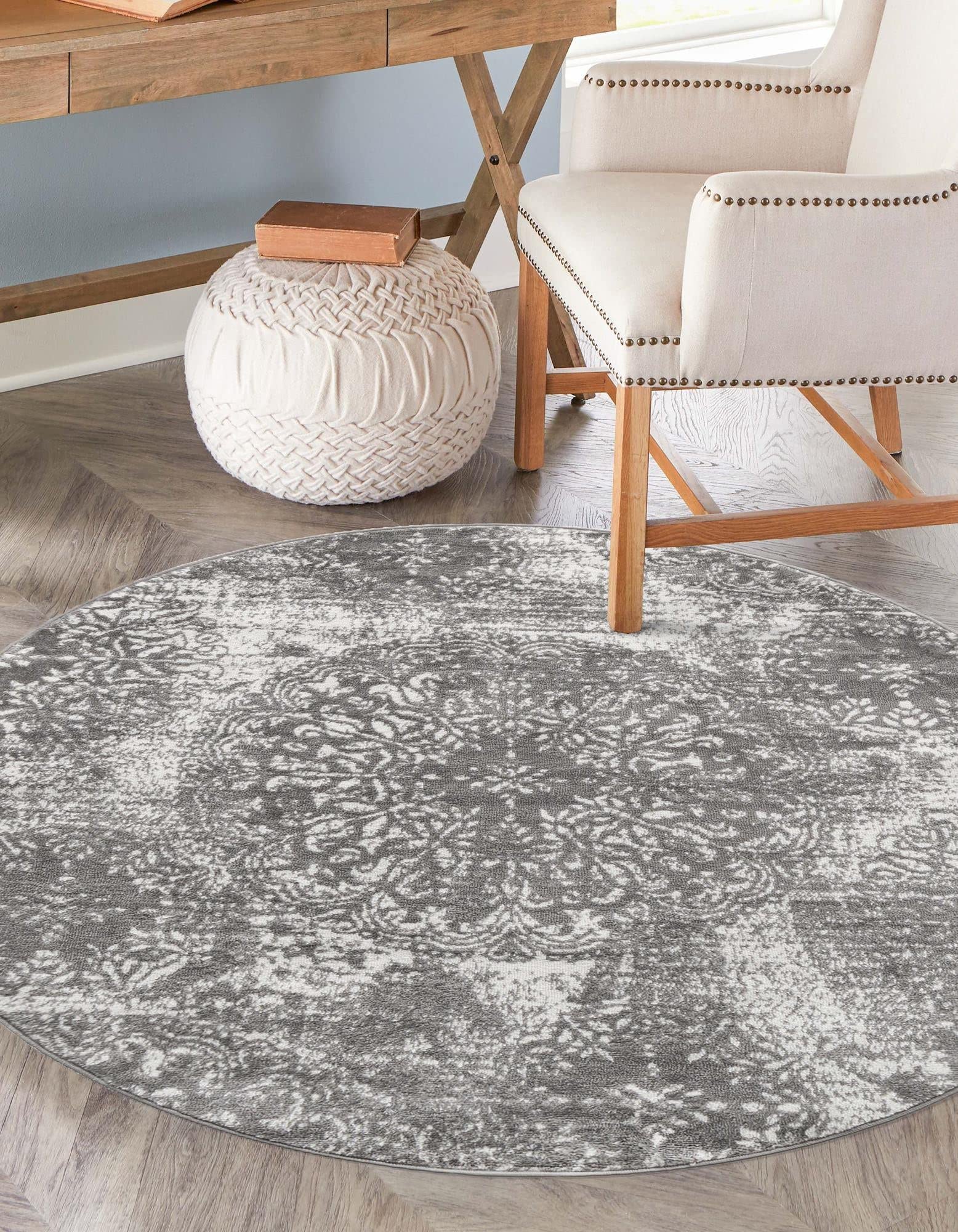 Unique Loom Sofia Collection Area Rug - Grand (5 3 Round, Gray/ Ivory)