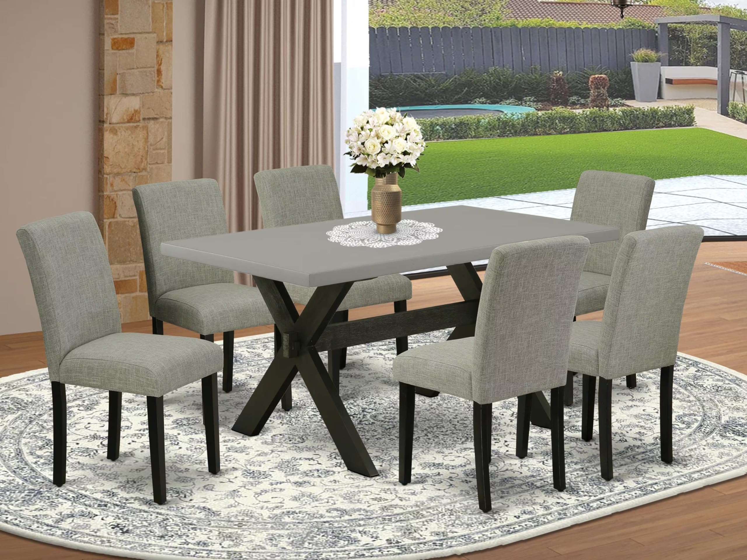 East West Furniture X696Ab106-7 7 Piece Modern Dining Table Set Consist Of A Rectangle Wooden Table With X-Legs And 6 Shitake Linen Fabric Upholstered Chairs, 36X60 Inch, Multi-Color