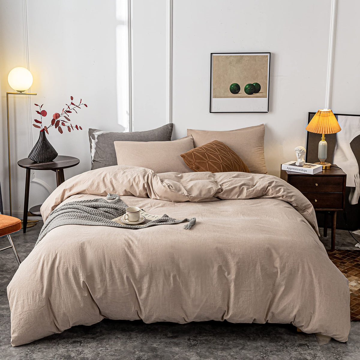 Janlive Washed Cotton Duvet Cover Full Ultra Soft 100% Cotton Solid Color Khaki Duvet Cover Set With Zipper Closure -3 Pieces Kh