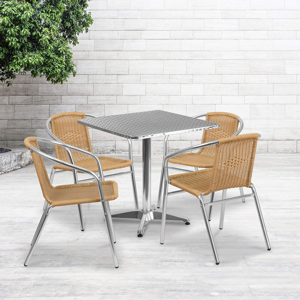 Flash Furniture Lila 27.5'' Square Aluminum Indoor-Outdoor Table Set With 4 Beige Rattan Chairs