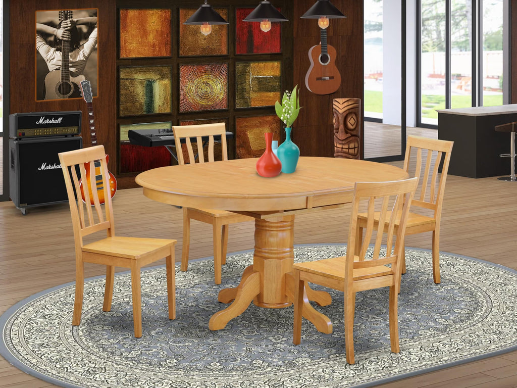 East West Furniture AVAT5-OAK-W 5 Piece Kitchen Table Set for 4 Includes an Oval Dining Room Table with Butterfly Leaf and 4 Solid Wood Seat Chairs, 42x60 Inch, Oak