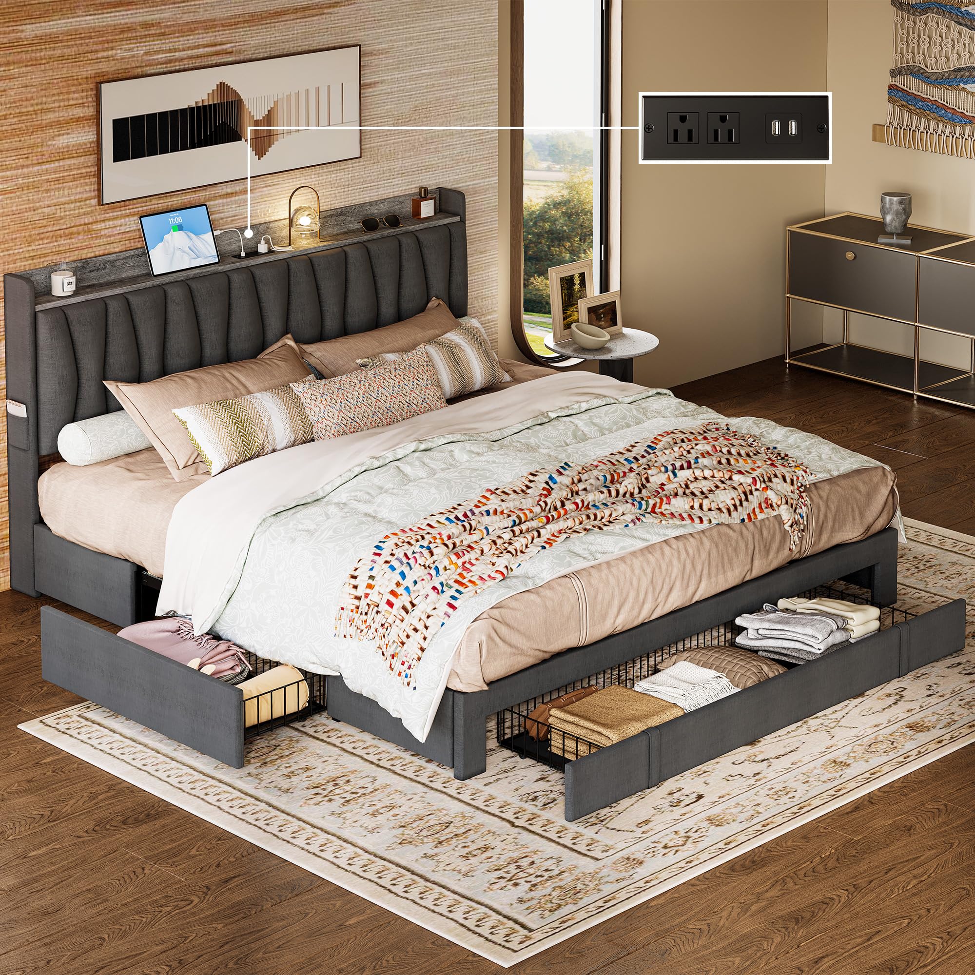 ANCTOR King Size Bed Frame with Storage Headboard and Charging Station, Upholstered Platform Bed with 3 Drawers, No Box Spring N
