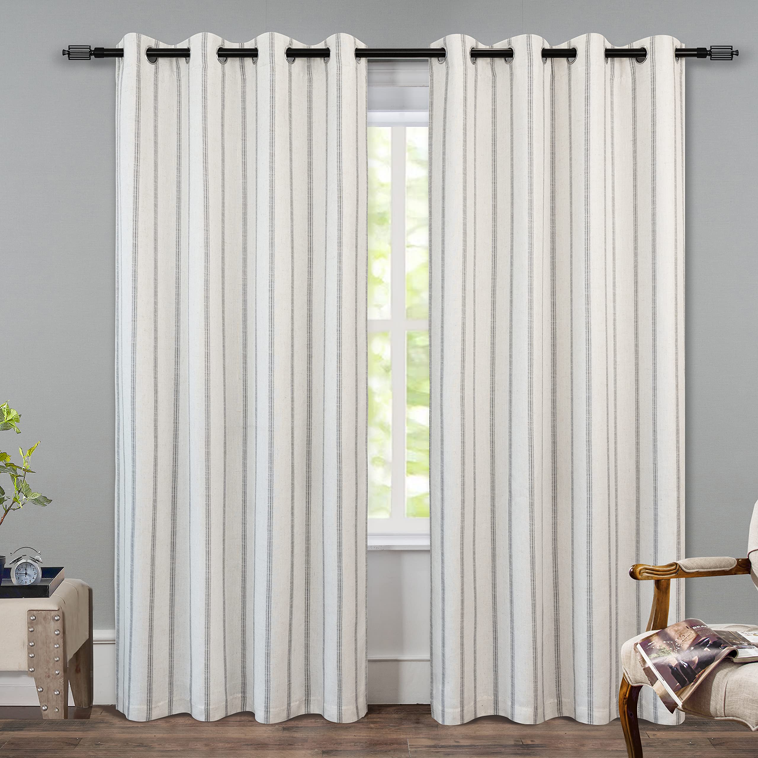 Driftaway Farmhouse Linen Blend Blackout Curtains 84 Inches Long For Bedroom Vertical Striped Printed Linen Curtains Thermal Ins