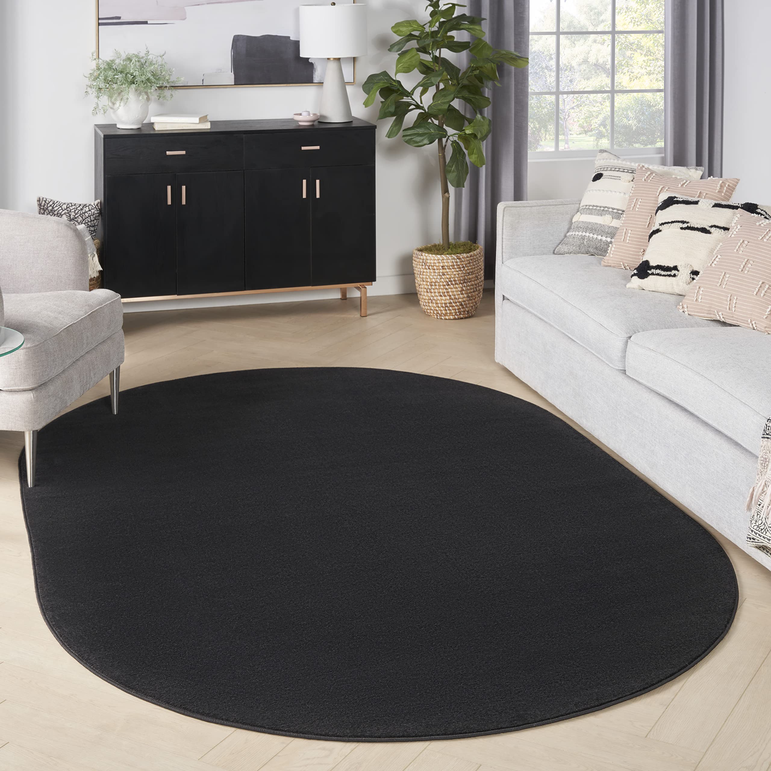Nourison Essentials Indoor/Outdoor Black 6' X 9'Oval Area-Rug, Easy-Cleaning, Non Shedding, Bed Room, Living Room, Dining Room,