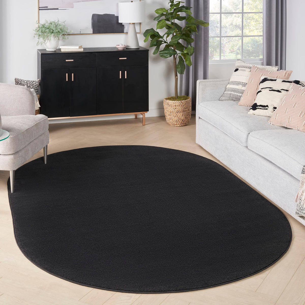 Nourison Essentials Indoor/Outdoor Black 6' X 9'Oval Area-Rug, Easy-Cleaning, Non Shedding, Bed Room, Living Room, Dining Room,