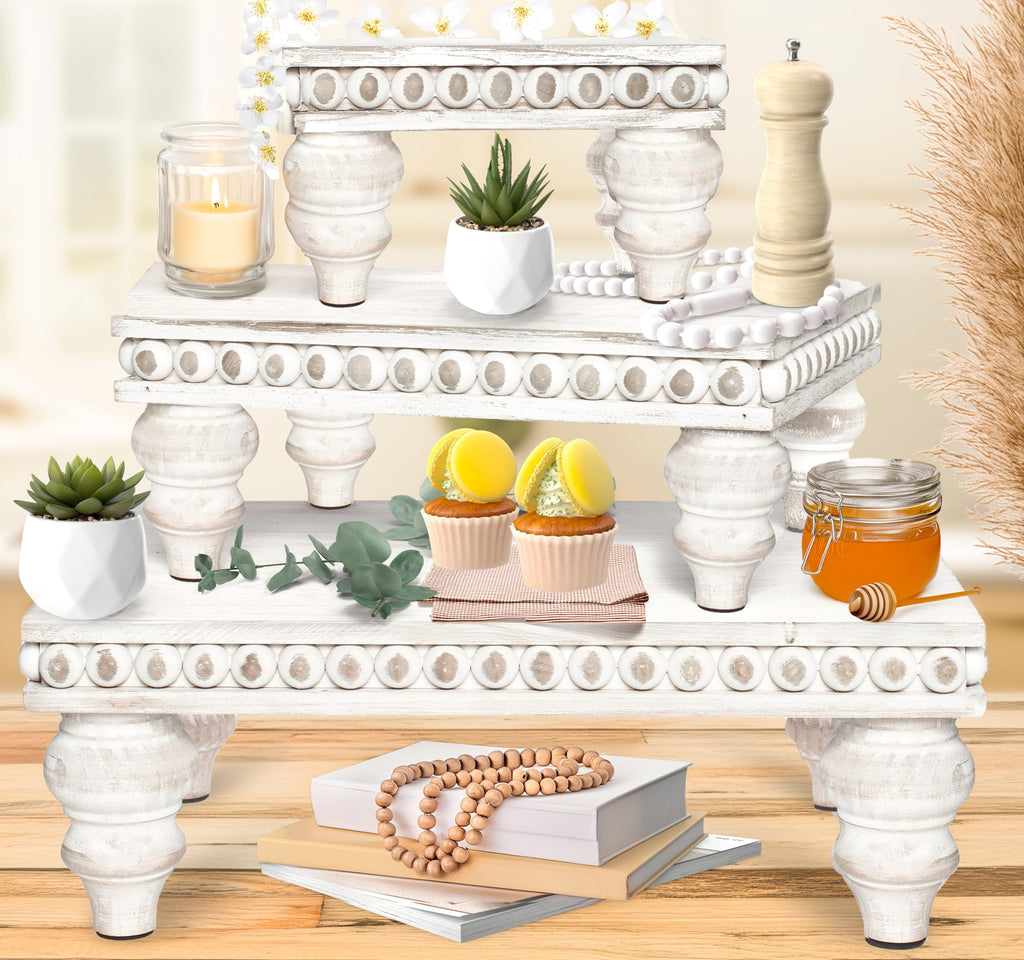 Decorative Tray [Set of 3] Wooden Tiered Tray Stand Display Risers - Tiered Tray Decor for Tabletop Use, Kitchen Island, Coffee 