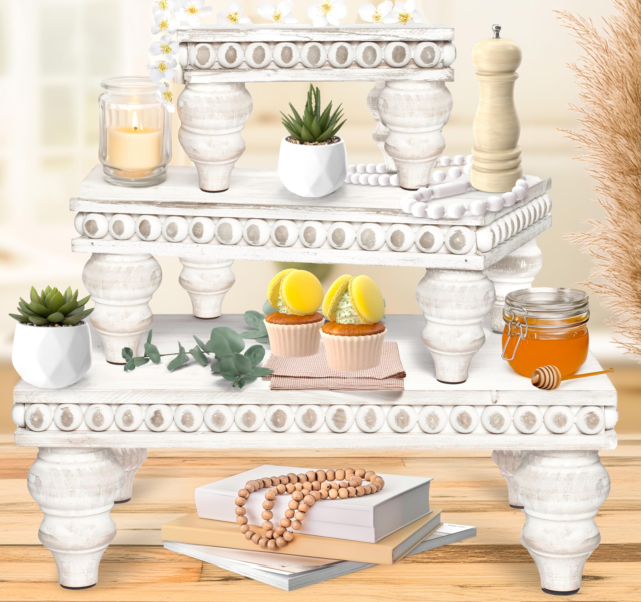 Decorative Tray [Set of 3] Wooden Tiered Tray Stand Display Risers - Tiered Tray Decor for Tabletop Use, Kitchen Island, Coffee 