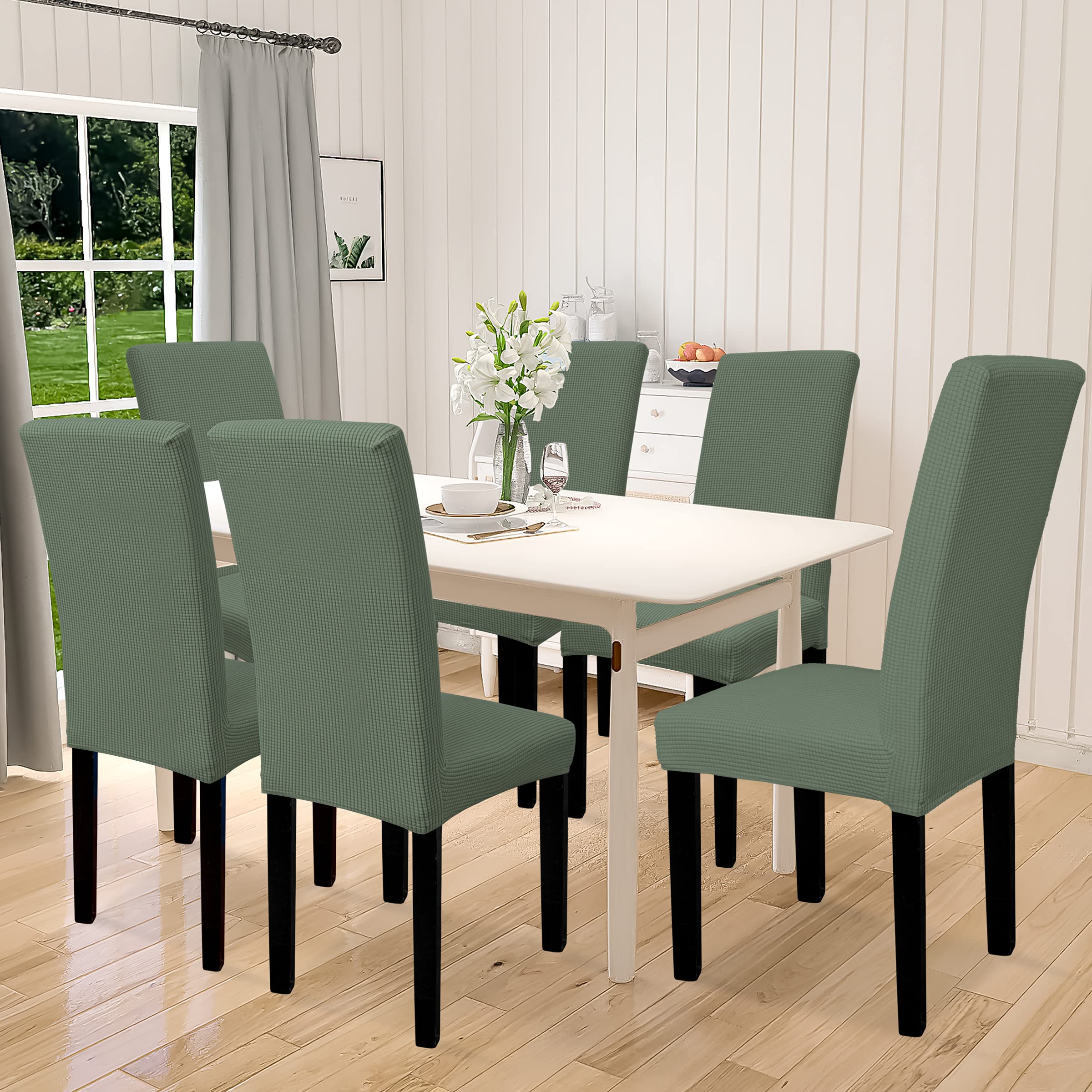 Easy-Going 100% Waterproof Dining Room Chair Cover Set Of 6, Stretch Jacquard Parson Chair Slipcover Removable Washable Chair Protector For Home, Restaurant, Banquet (Large, Grayish Green)