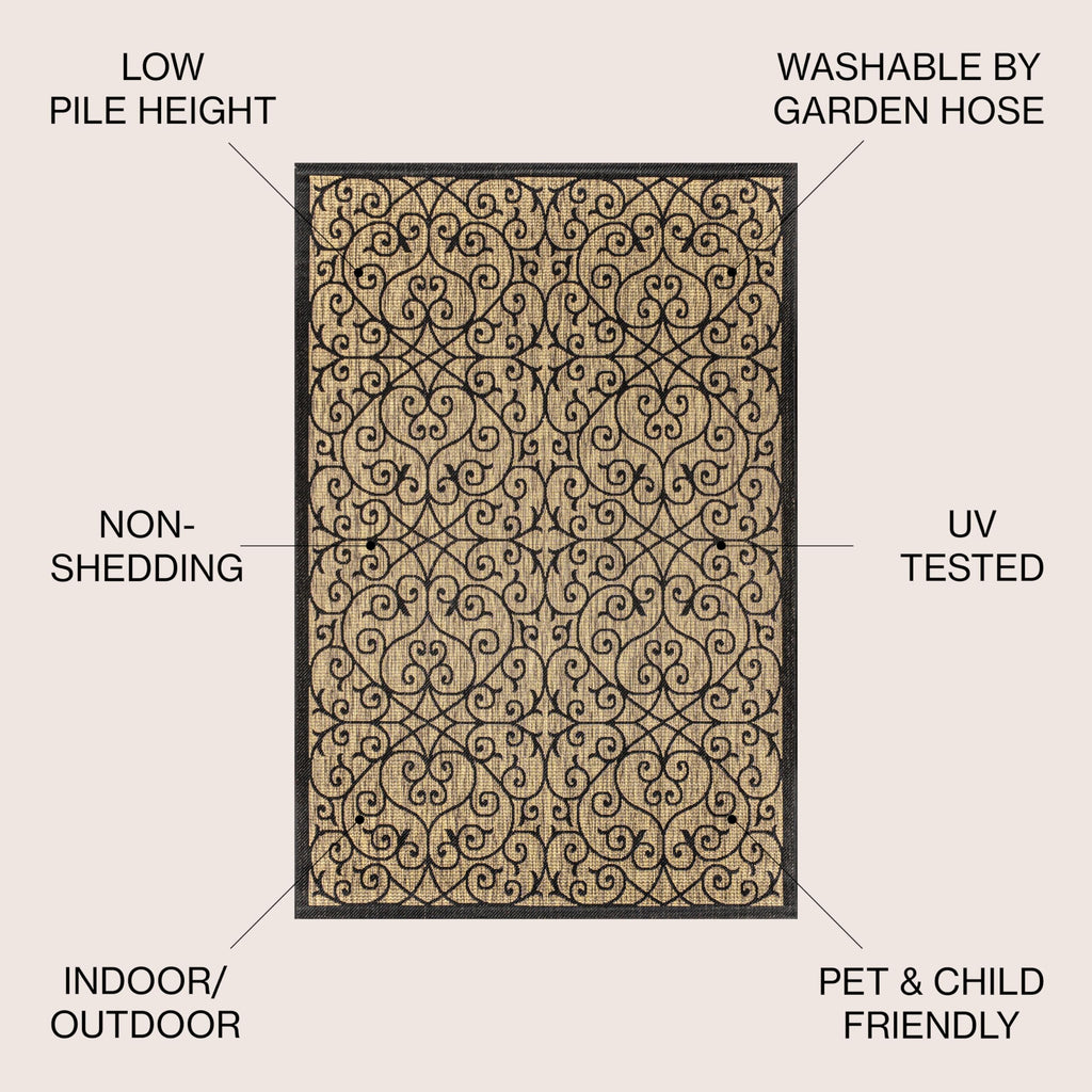 Jonathan Y Smb107A-6Sq Madrid Vintage Filigree Textured Weave Indoor Outdoor Area Rug Classic Coastal Easy Cleaning Bedroom Kitchen Backyard Patio Non Shedding, 6' Square, Black/Khaki