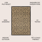Jonathan Y Smb107A-6Sq Madrid Vintage Filigree Textured Weave Indoor Outdoor Area Rug Classic Coastal Easy Cleaning Bedroom Kitchen Backyard Patio Non Shedding, 6' Square, Black/Khaki