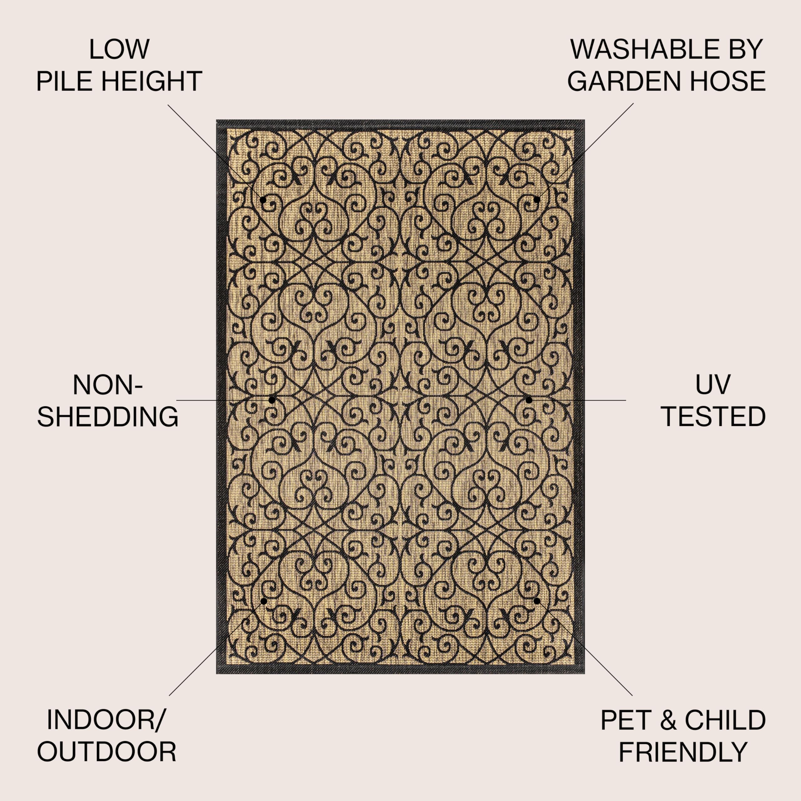 Jonathan Y Smb107A-6Sq Madrid Vintage Filigree Textured Weave Indoor Outdoor Area Rug Classic Coastal Easy Cleaning Bedroom Kitchen Backyard Patio Non Shedding, 6' Square, Black/Khaki