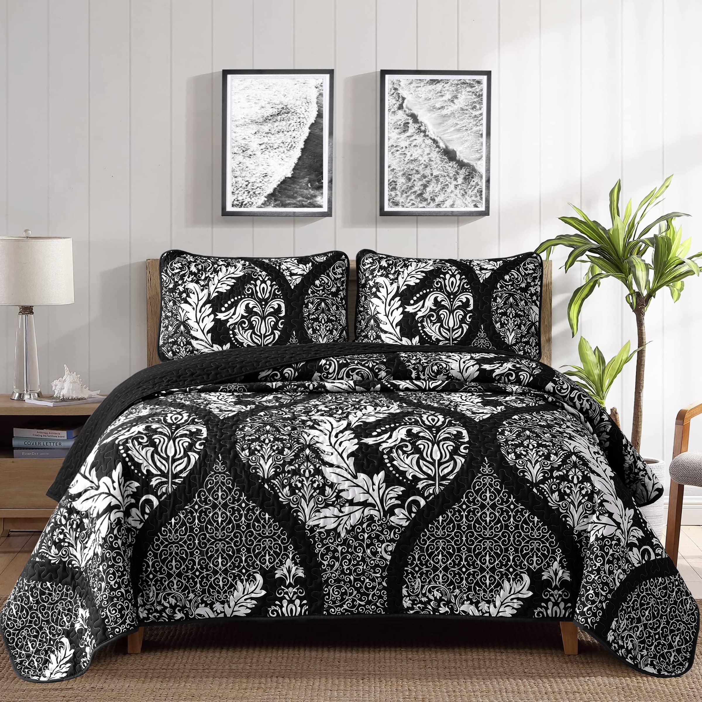 Black Quilt Set Queen Size, Boho Damask Bedspread Coverlet Set Soft Lightweight Microfiber Bedding Set 3 Pieces For All Season (