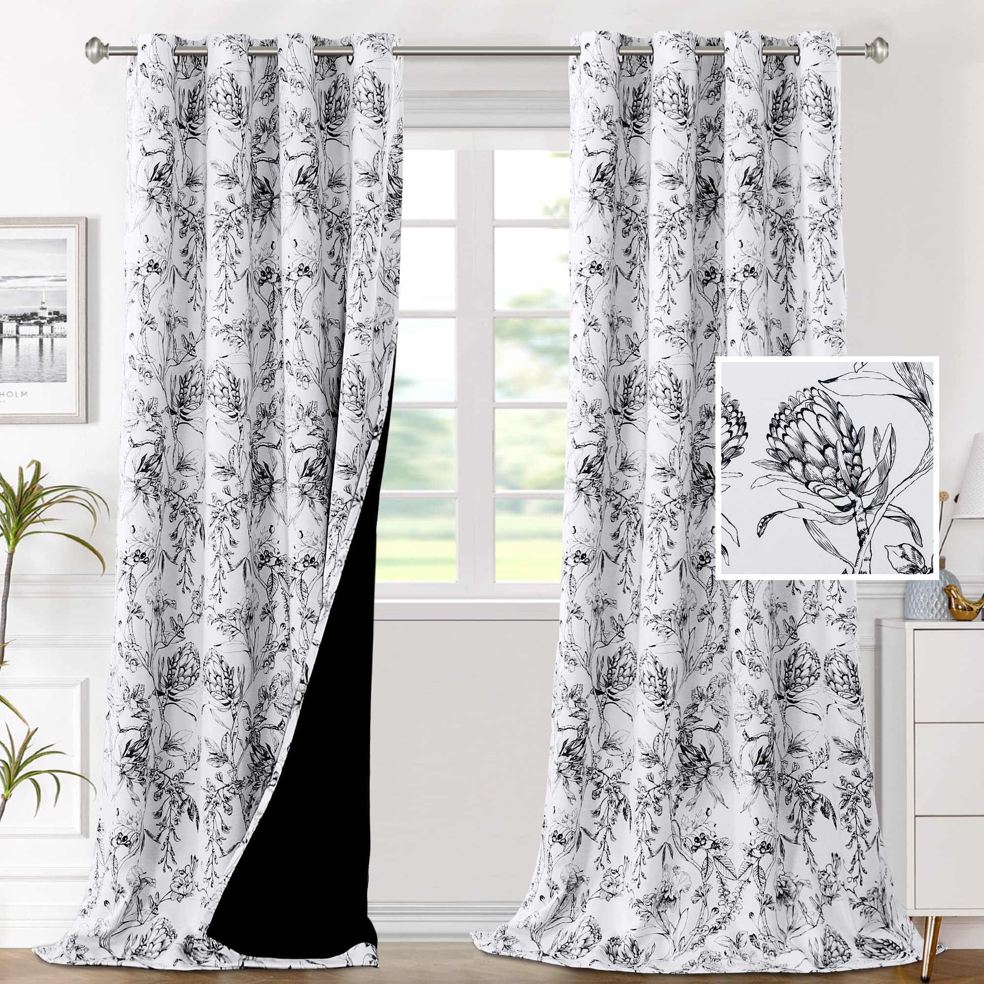H.Versailtex 100% Blackout Curtains For Living Room Camellia Floral Blackout Curtains 108 Inches Long Light Blocking Window Trea
