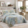 Cozy Line Home Fashions 100% Cotton Classic Patchwork Bedding Quilt Set, Blue Gray Teal Taupe Floral Bohemian Style Reversible B