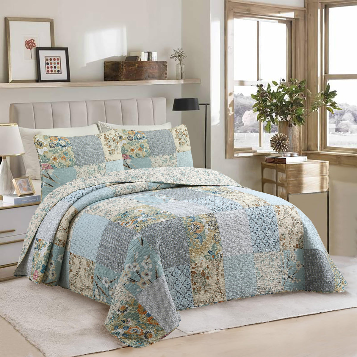Cozy Line Home Fashions 100% Cotton Classic Patchwork Bedding Quilt Set, Blue Gray Teal Taupe Floral Bohemian Style Reversible B