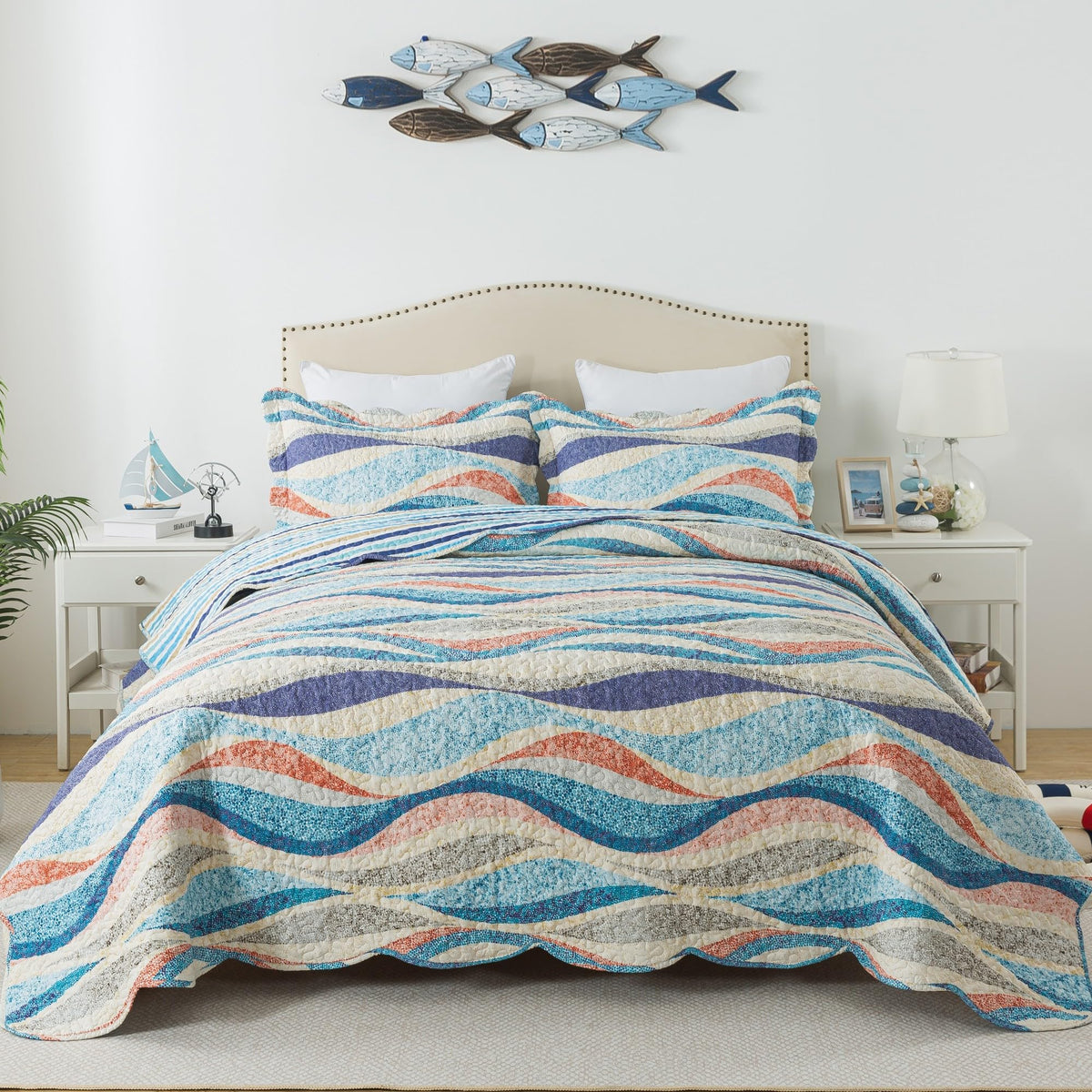 Honeilife King Quilt Bedding Set - 3 Pieces Beach Quilt Sets Coastal Bedspreads Ocean Coverlets Microfiber Bed Cover All Season