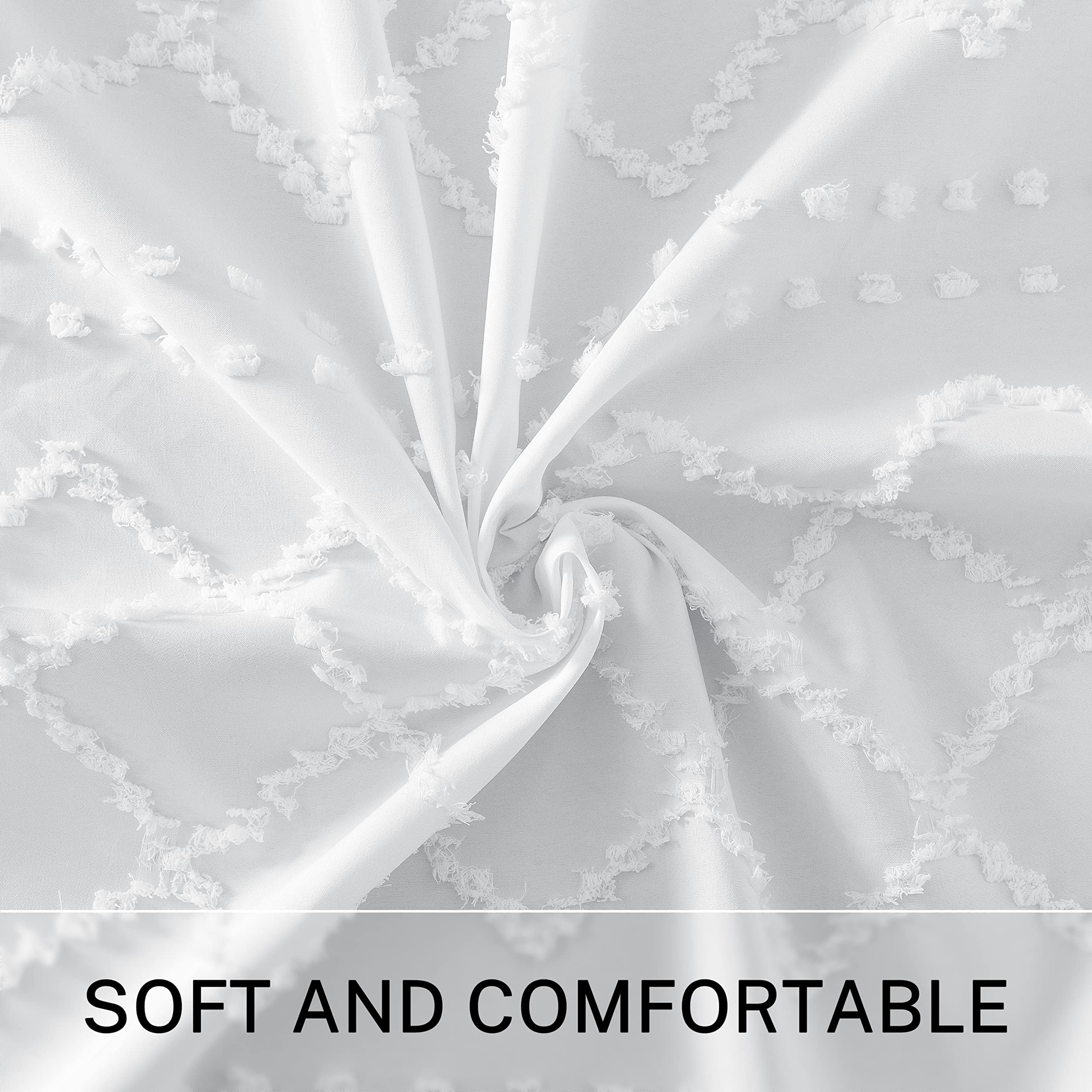 Extra Long White Textured Woven Fabric Boho Shower Curtain With Tassels 72 X 90 Modern Farmhouse Minimalist, Tufted Chevron Stri