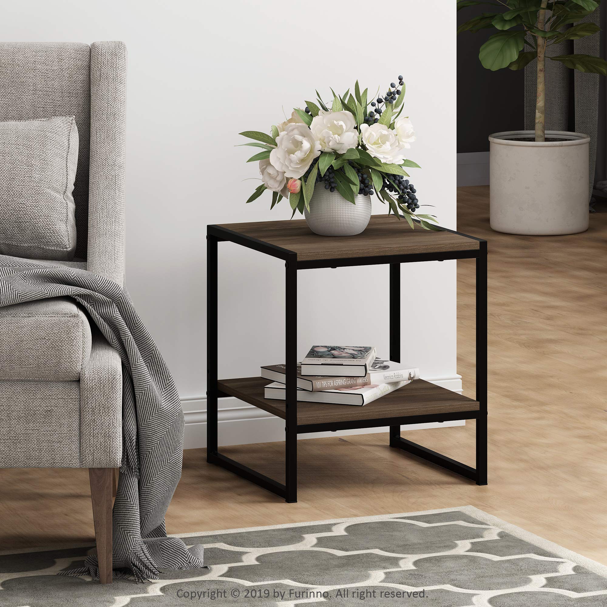 FURINNO Camnus Modern Living 2-Tier End Table, Columbia Walnut, 15.9 in x 15.75 in x 18 in
