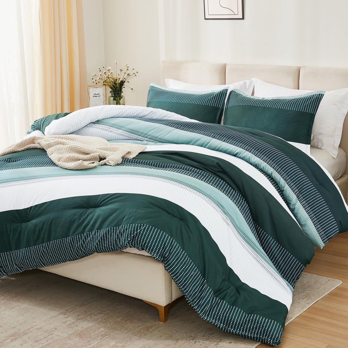 Litanika Dark Emerald Green Bed Comforter Queen Set, 3 Pieces Forest Bedding Set, Double Colorblock Stripe Vintage Bed Set (90X9