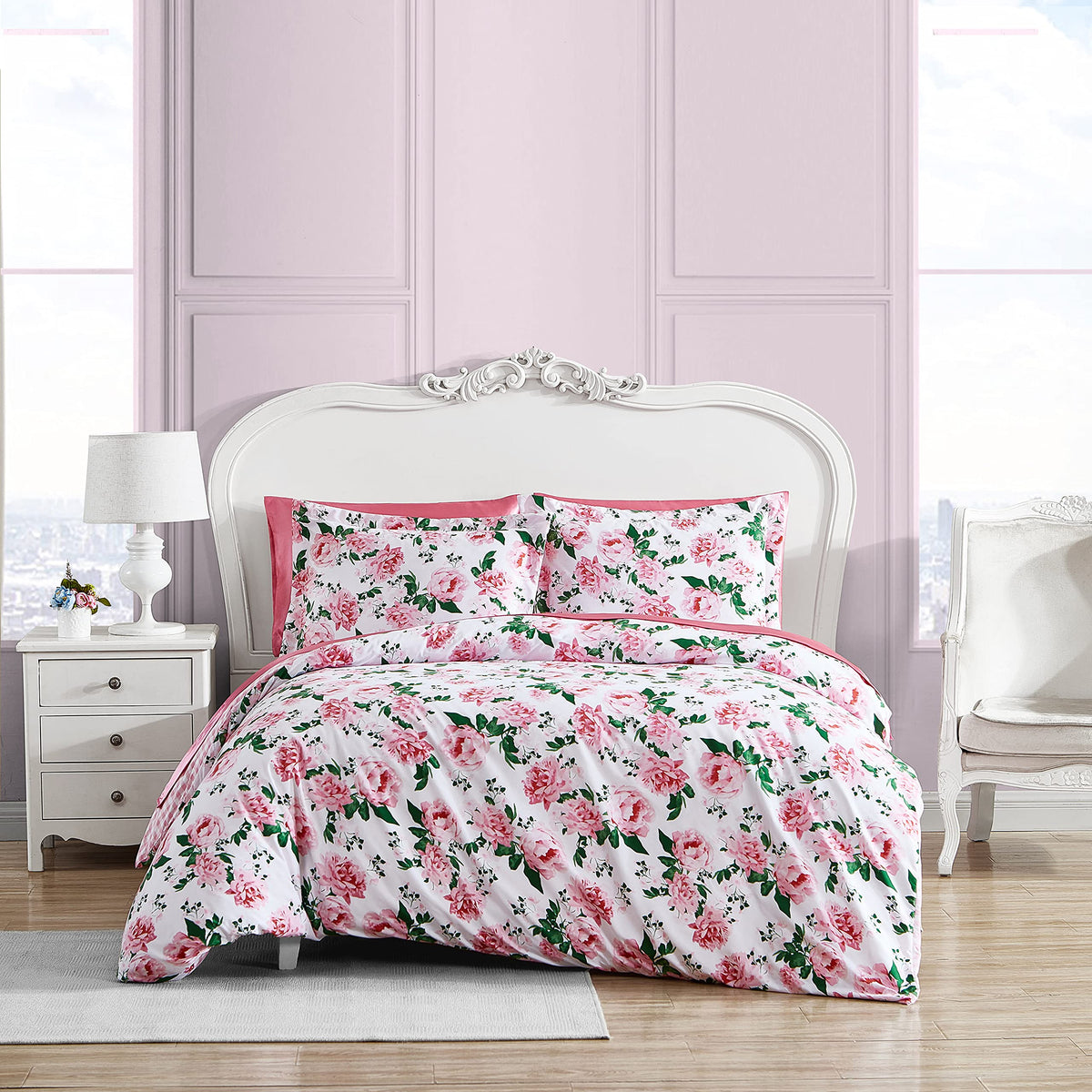 Betsey Johnson - King Duvet Cover Set, Reversible Bedding With Matching Shams, Chic Bedding Set (Blooming Roses Pink, King)