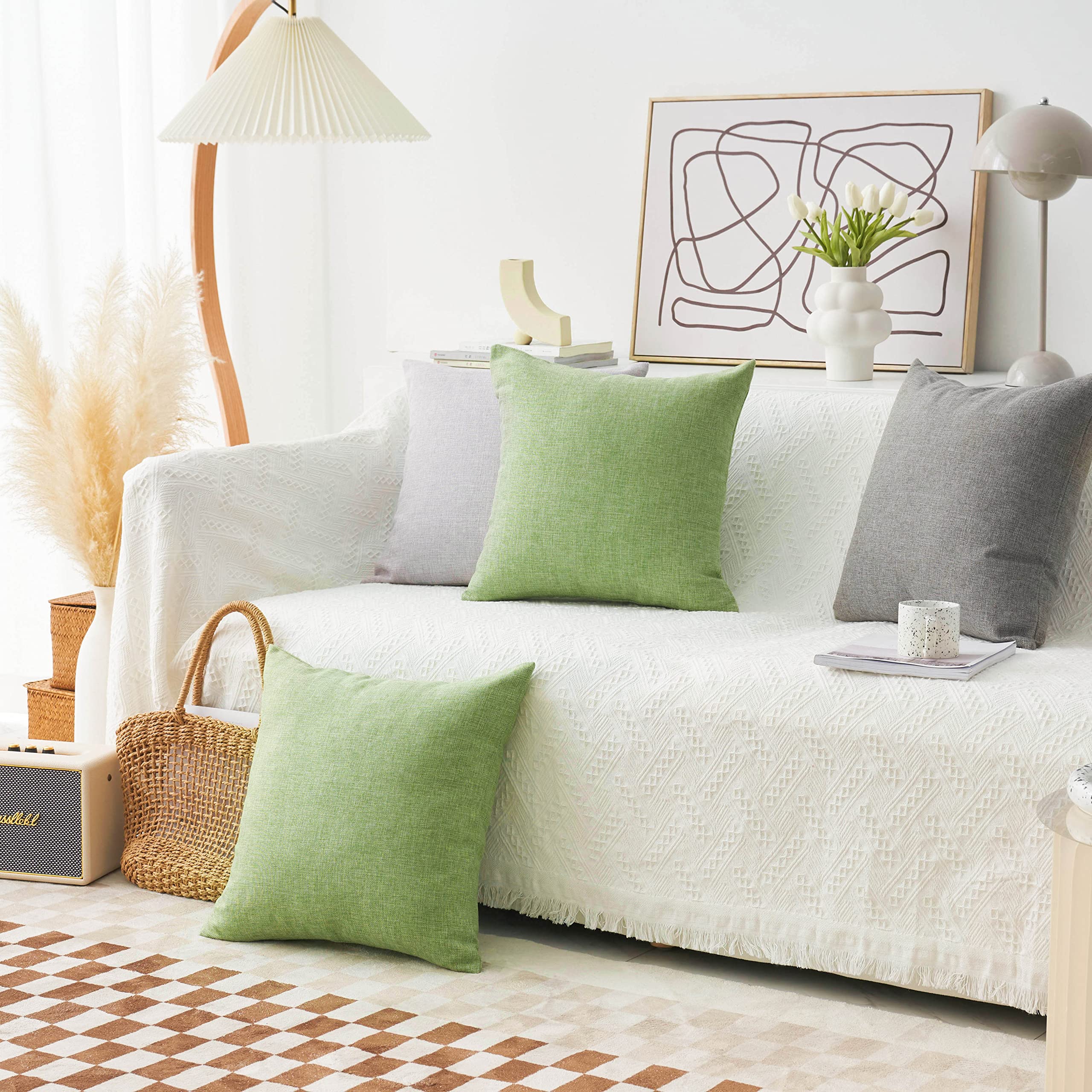 Home Brilliant Green Pillow Covers Burlap Textured Solid Linen Sage European Cushion Cover Sham For Bench, 24X24Inch (60Cm), Gra