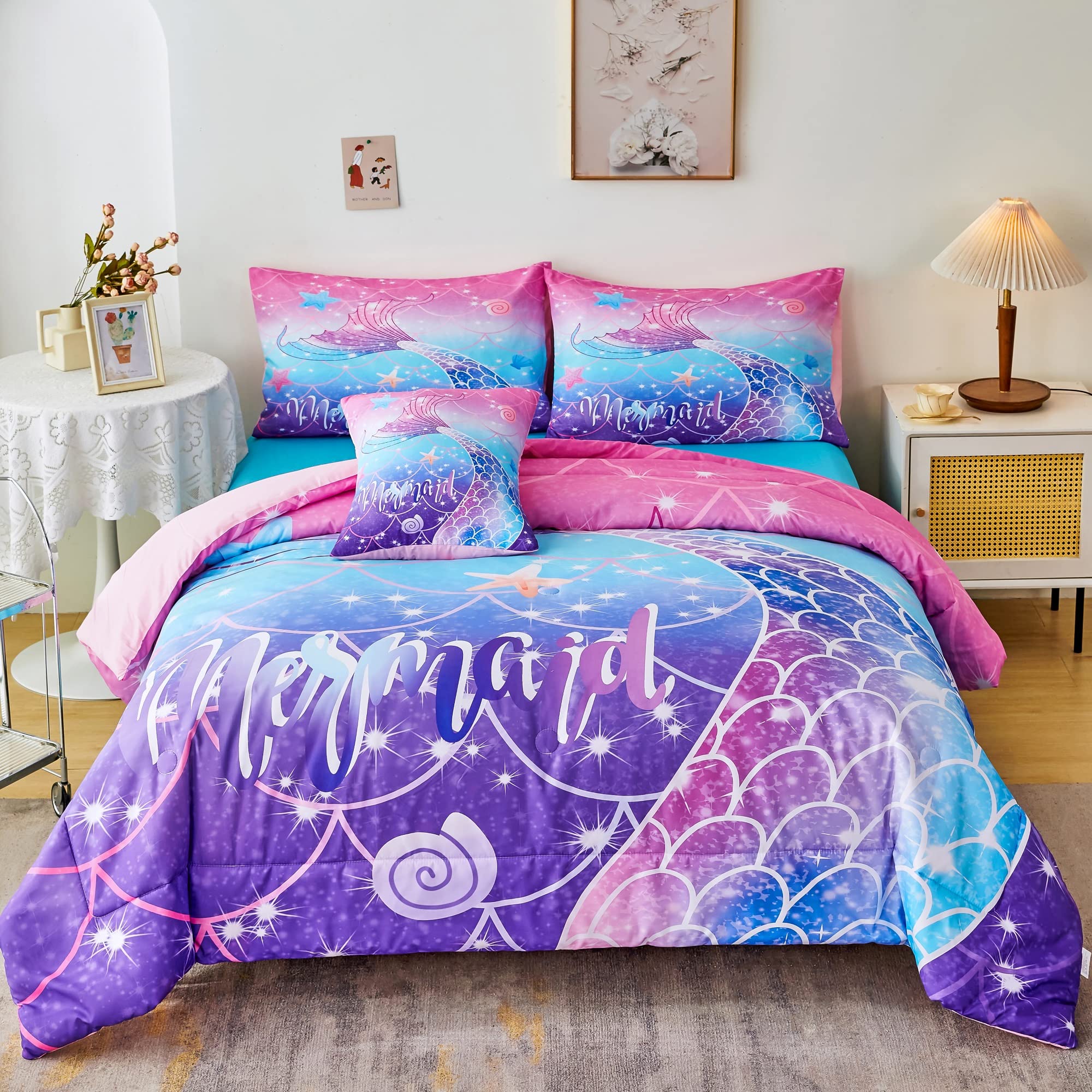 Rynghipy Mermaid Comforter Set 6Pcs, Kids Gilrs Bed In A Bag Queen Size, Mermaid Tail Print Teens Girls Bedding Set, Rainbow Bed