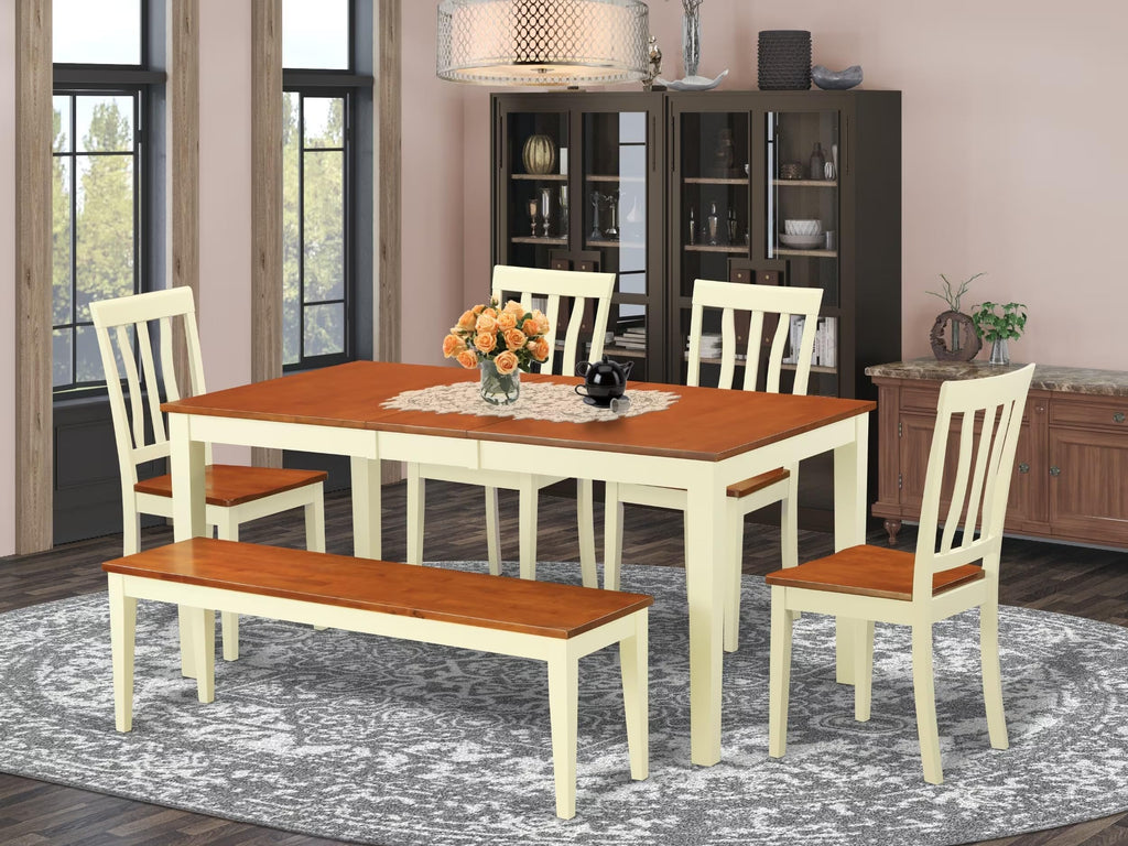 East West Furniture NIAN6-WHI-W 6 Piece Kitchen Table & Chairs Set Contains a Rectangle Dining Table with Butterfly Leaf and 4 Dining Room Chairs with a Bench, 36x66 Inch, Buttermilk & Cherry